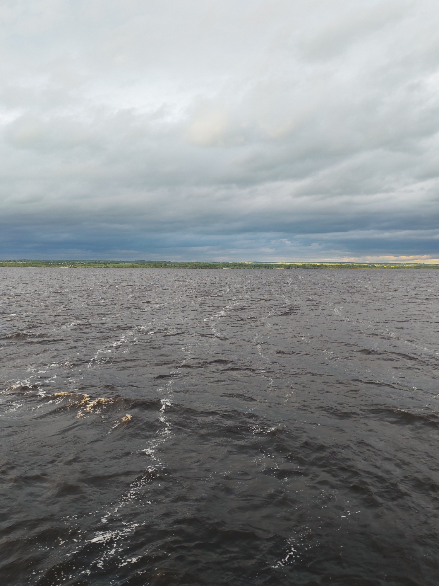 The image shows a body of water with ripples on the surface, under a cloudy sky. The horizon line reveals a distant strip of green vegetation, possibly a shoreline or forested area. The overall setting appears to be a natural, possibly rural or undeveloped location. There are no identifiable people or specific objects other than water, sky, and distant vegetation. The location is unknown.