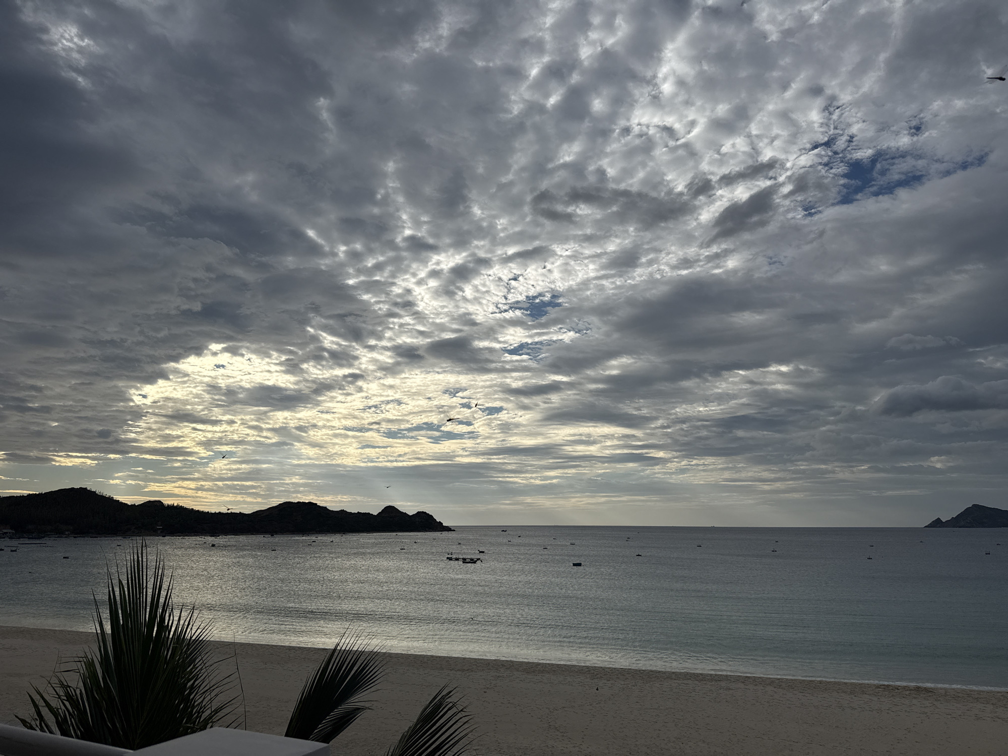The image depicts a serene beach scene with a vast expanse of ocean meeting a sandy shore. The sky is dramatic, filled with heavy, textured clouds that are illuminated by the setting or rising sun peeking through. The sun's rays create a golden glow in the distance, contrasting with the darker, more muted tones of the clouds. The ocean is calm, reflecting the sky's colors. A chain of dark, silhouetted islands or hills stretches across the horizon on the left side of the image, dotted with small, distant boats. More boats are scattered across the water. In the foreground, a palm frond extends into the frame from the left, partially obscuring a white railing, suggesting a vantage point from a balcony or structure overlooking the beach. Several birds are visible in flight against the cloudy sky. The overall atmosphere is tranquil and somewhat moody due to the cloudy conditions.