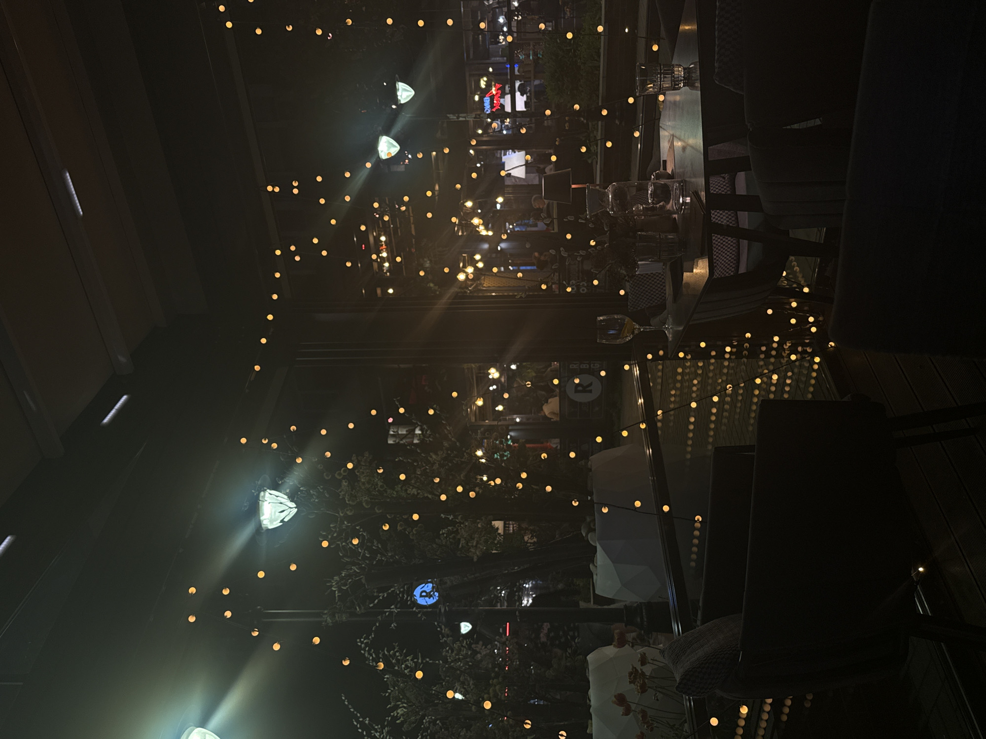 The image shows an outdoor dining area at night, likely in Sofia, Bulgaria based on signage. Overhead string lights illuminate the space. Tables are set with glassware and checkered napkins. Chairs are present around the tables, some with cushions. In the background, there's street lighting, a building with signage, and trees. People are visible in the background but are not clearly discernable.