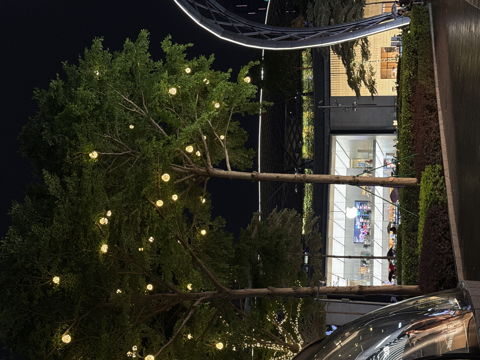 At night in the Tianhe District of China, trees adorned with spherical lights stand in front of a modern building with glass facade. The building features a vertical garden and houses an Apple store. Pedestrians are visible inside the store. Above, a circular architectural structure with white neon lights arches over the scene. A dark car is partially visible in the foreground. The environment is illuminated with artificial lighting, creating a bright yet subdued atmosphere.