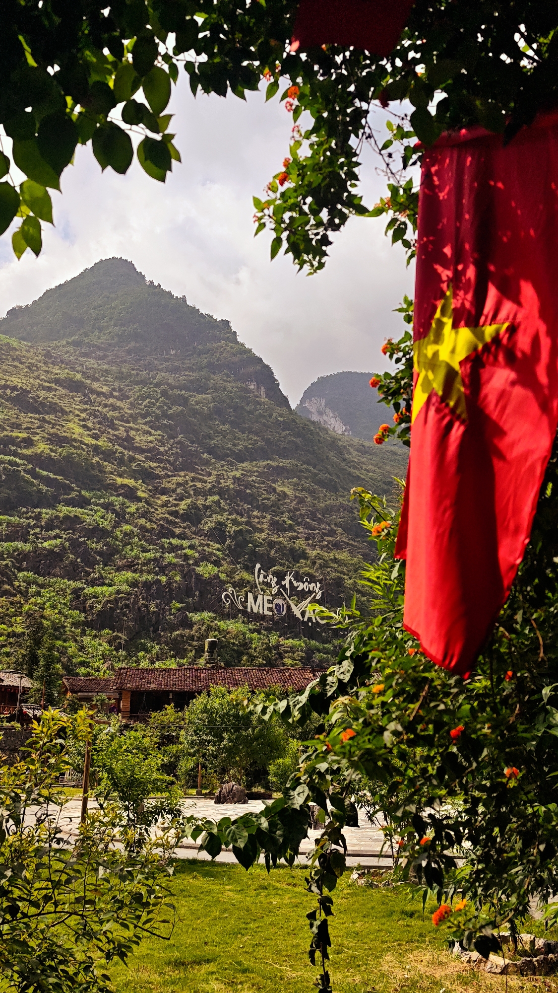 A vibrant, natural landscape in Mèo Vạc Commune, Vietnam, is viewed through a leafy frame, partially obscured by the bright red Vietnamese flag. A verdant, mountainous backdrop dominates the scene, its slopes densely covered with vegetation. In the middle ground, the name of the commune "Mèo Vạc" is displayed in stylized, large, white script. A building with a red tiled roof is visible at the bottom of the image. A section of green grass is visible at the bottom of the frame. The sky is overcast. The flag and some foliage are in the foreground.