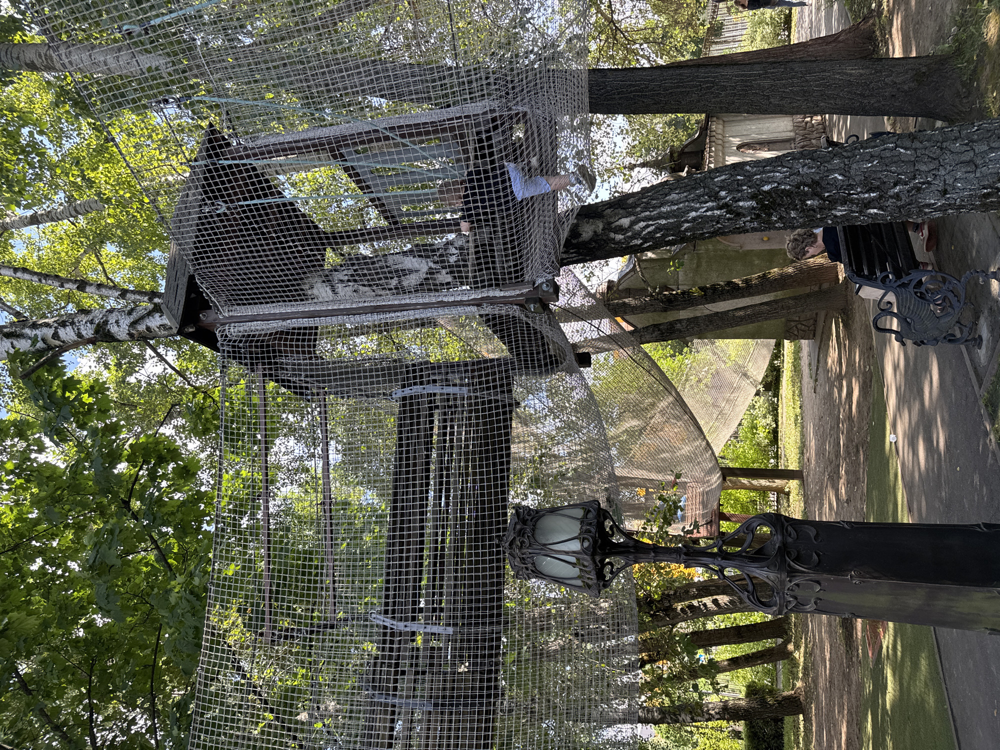 The image depicts an outdoor adventure park with a rope bridge structure suspended between trees. In the foreground, a decorative black lamppost stands on a paved area. Behind the lamppost, a person is seated on a black bench. The rope bridge itself is constructed with netting and wooden elements, with a small child visible on one of the platforms, appearing to be walking along the bridge. The environment is lush with green trees and sunlight filtering through the leaves. The scene is located in the city of Sovkhoz imeni Lenina, Russia.