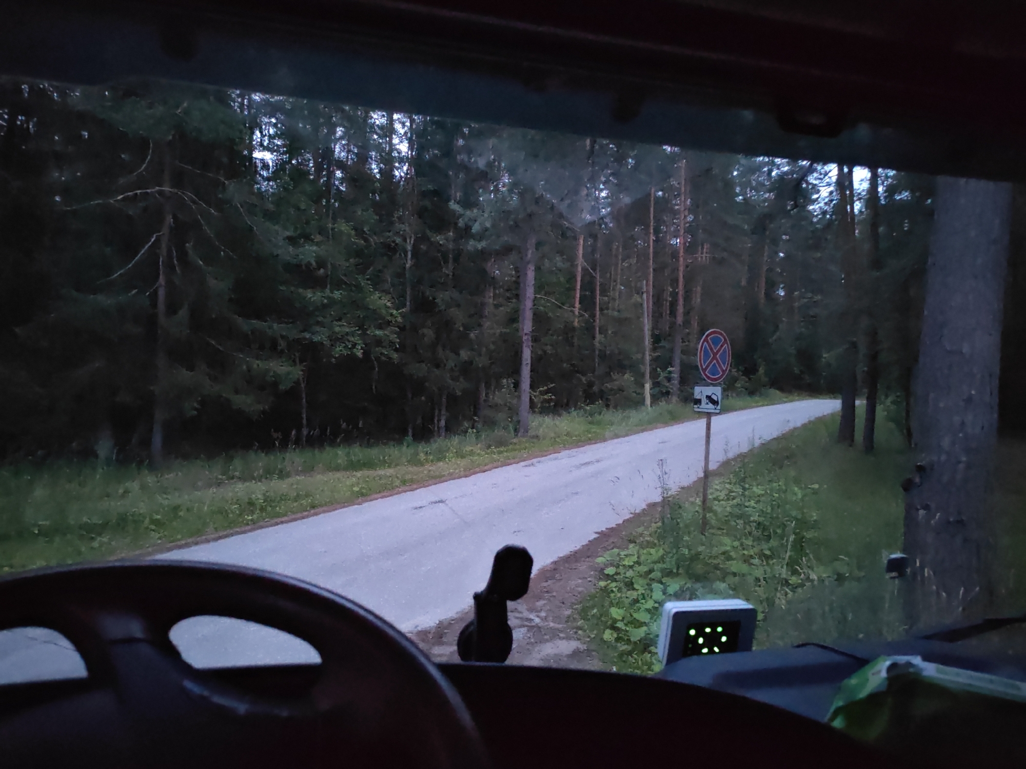 The image is taken from the interior of a vehicle, looking out through the windshield at a paved road winding through a dense forest. The time of day appears to be dusk or early evening, as the light is dim and the sky is overcast with a bluish-gray hue. On the right side of the road, there is a signpost with two signs. The upper sign is circular with a red border and a blue background with a red diagonal cross, indicating a no parking or no stopping zone. The lower sign depicts a vehicle on a slope. A small digital display with green lights is visible on the dashboard of the vehicle in the foreground. The steering wheel of the vehicle is also partially visible in the lower left corner of the frame. The environment is primarily composed of tall coniferous trees with lush green undergrowth along the sides of the road. The location is identified as the city of Luga, Russia.