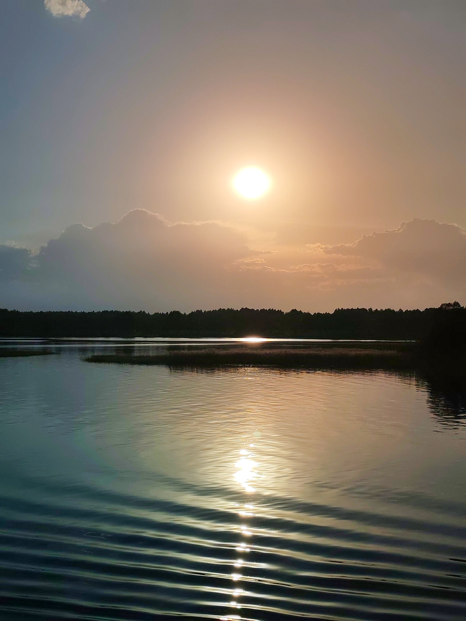 The image depicts a tranquil body of water, possibly a lake or wide river, under a bright, hazy sky. The sun is high in the sky, its light diffused by clouds, creating a golden glow over the scene. The water reflects the sunlight, creating a bright, shimmering line that stretches from the horizon towards the foreground. Small waves ripple across the water's surface. A distant treeline is visible on the horizon, suggesting a forested area beyond the water. The left portion of the sky shows a hint of blue alongside a small cloud. There is no sign of people or human activity in the immediate view. While the prompt mentions the location as Medveditskoe, Russia, this cannot be verified from the visual information contained within the image.