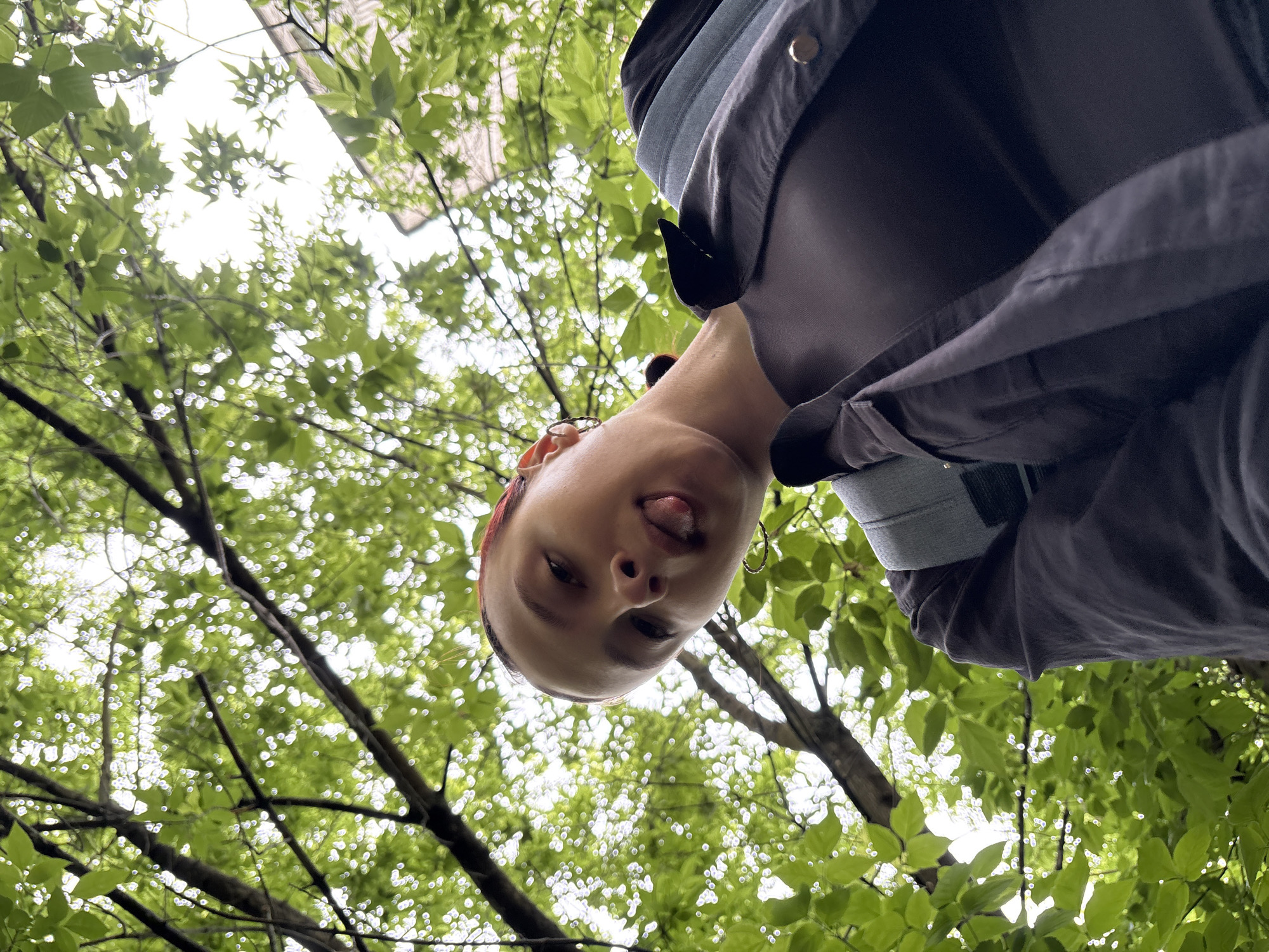 This image, taken in Chaikovsky, Russia, presents a low-angle perspective looking upwards through a lush tree canopy towards a bright sky, with a person's head and upper torso visible at the top of the frame. The subject, a person with reddish-brown hair pulled back, is looking down towards the camera with a playful expression, including a slightly extended tongue. They are wearing a dark-colored jacket or shirt, under which a light blue or grey strap is visible on their shoulder. A gold-toned hoop earring and a stud earring are visible on their ears.
The background is dominated by numerous green leaves and branches, indicating a setting outdoors, likely in a park or wooded area. The bright patches of sky visible through the foliage suggest it is daytime, possibly an overcast day or a sunny day with light diffused by the tree cover. The overall mood is casual and lighthearted, captured in a natural, outdoor environment. No visible text is present in the image.