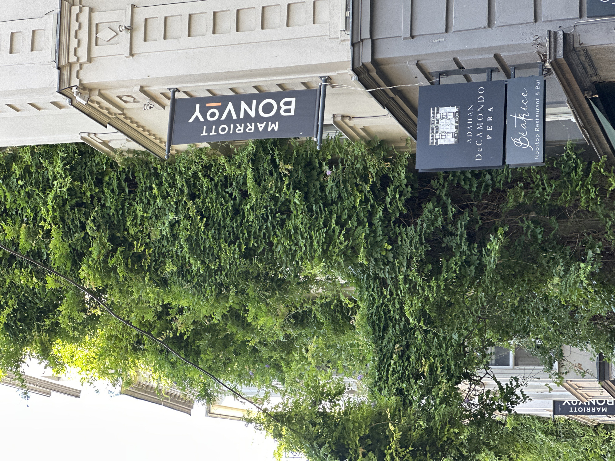 The image shows an exterior view of a building in Beyoğlu, Turkey, covered in lush green foliage. A black banner with "MARRIOTT BONVOY" printed vertically in white text hangs from the building. Below this, two dark signs are mounted. The upper sign features a drawing of a building and the text "ADAHAN DeCAMONDO PERA". The lower sign displays the word "Beatrice" in an ornate script, followed by "Rooftop Restaurant & Bar" in smaller text. The building's architecture is visible behind the greenery, with light-colored stone and windows. The overall scene suggests a vibrant urban setting with a strong presence of nature.
