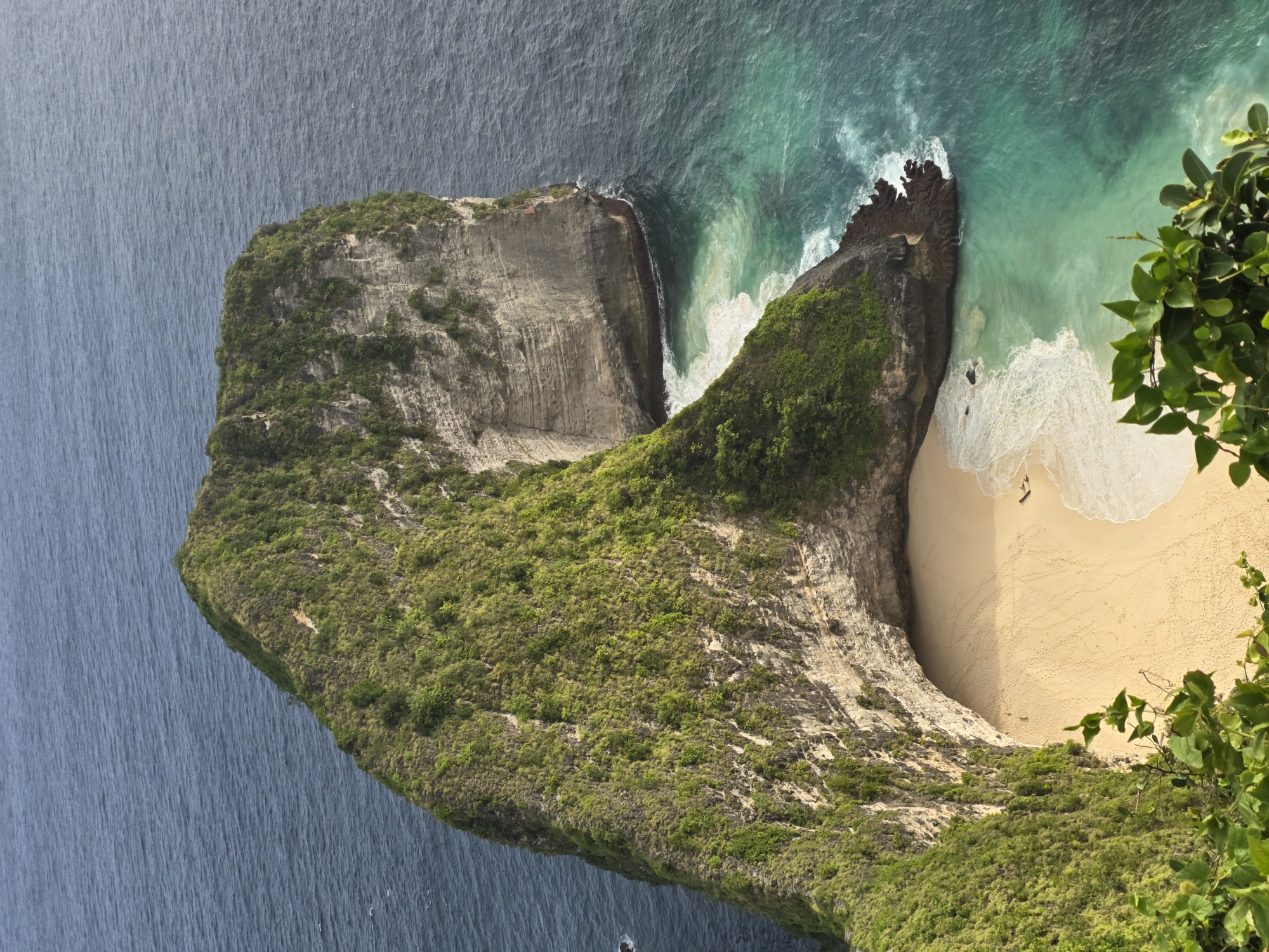 The image depicts an aerial view of Kelingking Beach on Nusa Penida, Indonesia. A prominent T-shaped land formation covered in lush green vegetation juts into the turquoise ocean. The land features a steep cliff face exposing layered rock formations. The beach below is sandy and bordered by white foamy waves. The water around the beach is a mix of deep blue and turquoise. Some greenery is visible in the foreground on the right side of the image.
