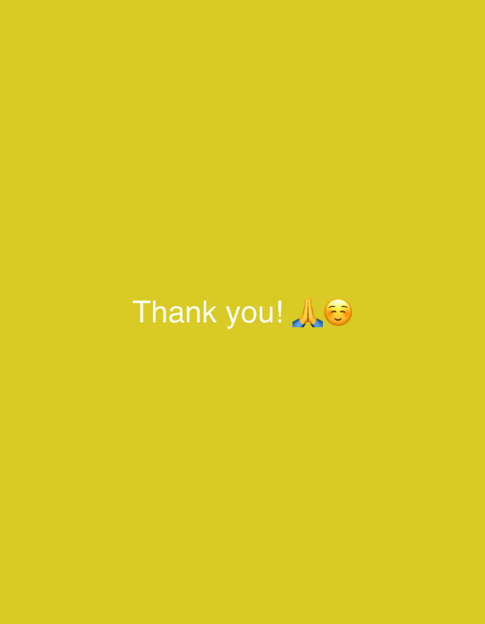 A yellow background with the white text "Thank you!" and hand-praying emoji and smiling face emoji at the center of the image. The location of the image is unknown.