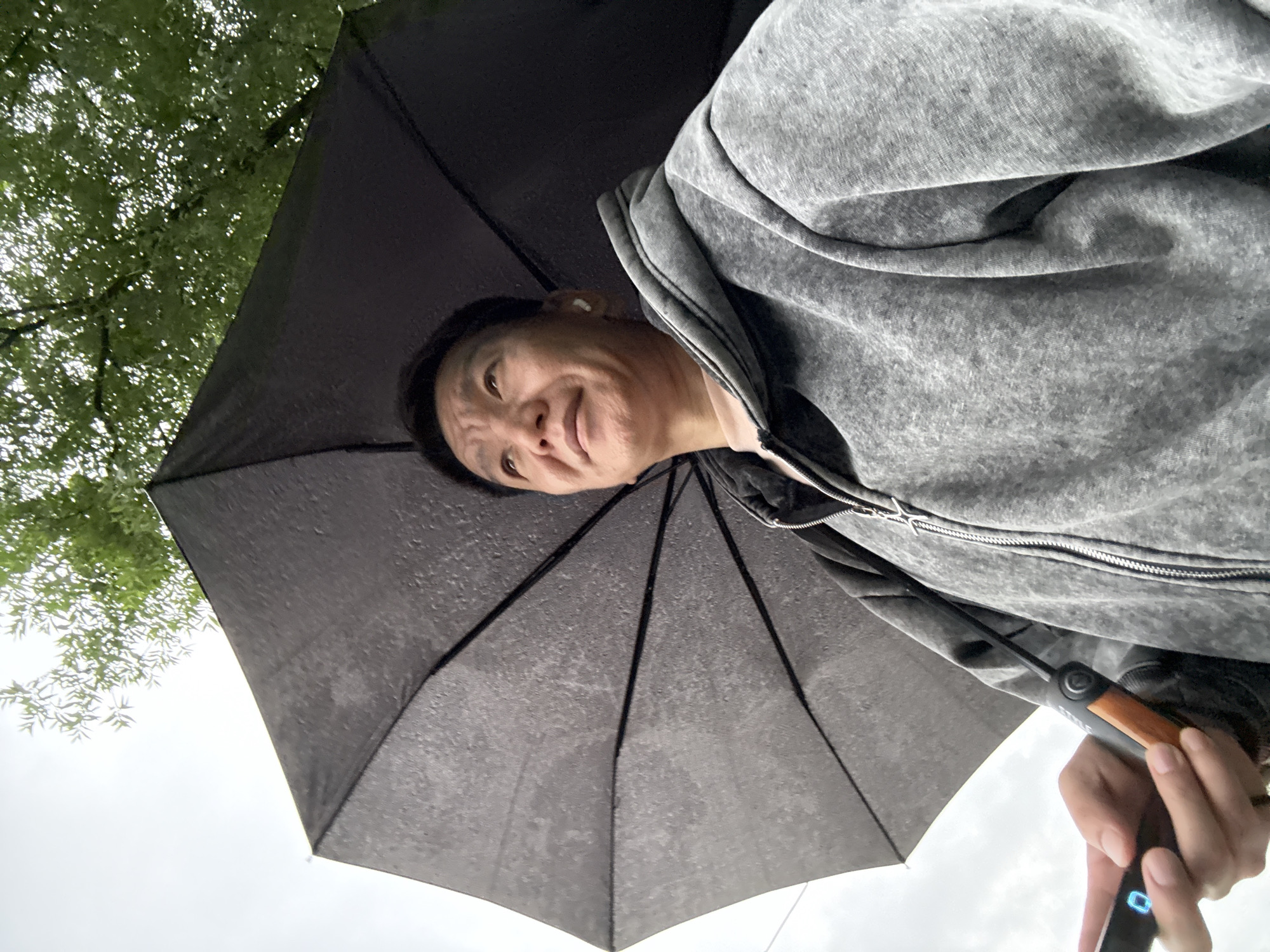 A low-angle, medium shot captures a person from the chest up, holding an open black umbrella overhead. The umbrella, speckled with rain, shields the individual from a grey, overcast sky and a canopy of green leaves from a tree. The person, facing slightly upward and to the left, has short dark hair and is wearing a grey hooded sweatshirt zipped up, revealing a glimpse of a light pink layer underneath. A small white earbud is visible in their right ear. In their left hand, they hold the handle of the umbrella, which has a wood-toned grip, and a black electronic device with a glowing blue screen. The scene suggests an outdoor environment, possibly a park or a street in Moscow, Russia, during a rainy day.
