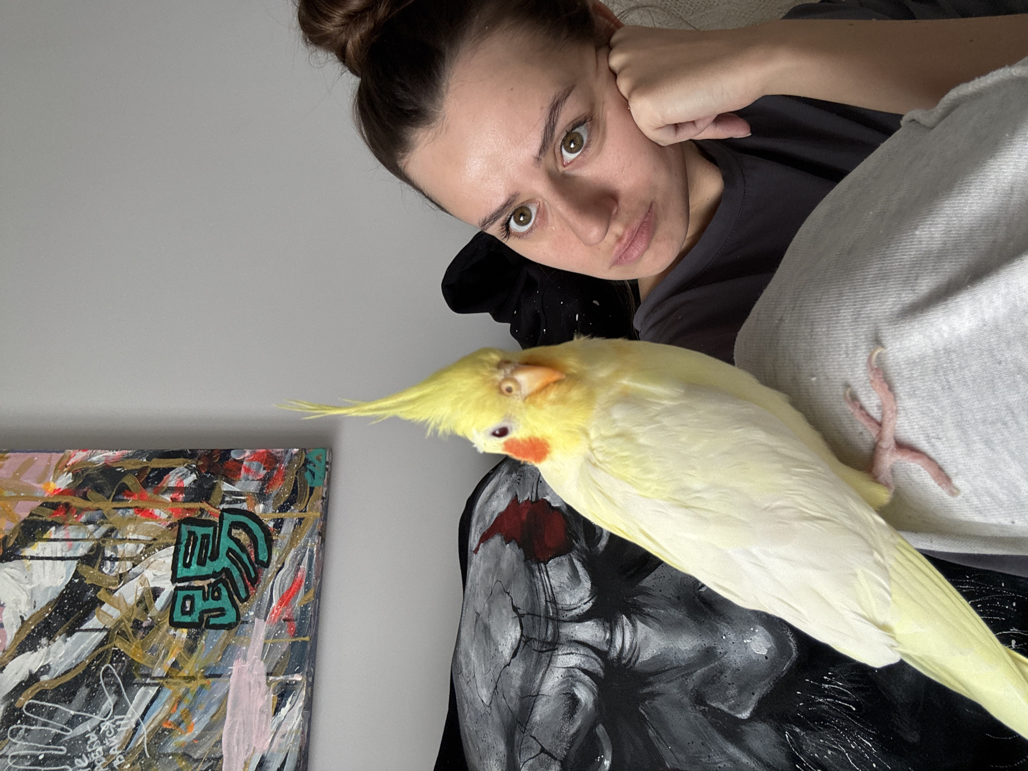 An indoor, diagonally oriented shot features a woman and her pet cockatiel in Krasnoyarsk, Russia. The woman, positioned in the top right, has fair skin, dark hair pulled back into a bun, and deep-set brown eyes, looking directly towards the viewer with a neutral, contemplative expression. She wears a dark grey t-shirt and light grey sweatpants, with her left hand resting against her cheek.
Below her and extending across the lower-middle portion of the image is a yellow and white cockatiel. The bird has distinct orange cheek patches, red eyes, and a prominent yellow crest, appearing to be perched on a dark, textured object, possibly a cushion or part of a sculpture, with its pink talons visible. This dark object has a prominent red, almost blood-like, abstract design near the bird's head and features intricate crack-like patterns over its dark surface, resembling a mask or abstract bust.
To the left, against a plain light grey wall, hangs a vibrant abstract painting. This artwork is characterized by energetic brushstrokes in black, white, gold, pink, and red, with a striking teal-green stylized symbol or text centrally placed. Faint, illegible English text is also visible lower on the painting. The lighting is soft and even, suggesting an indoor environment, possibly during the daytime or evening. The scene captures a relaxed moment of companionship between the woman and her bird.