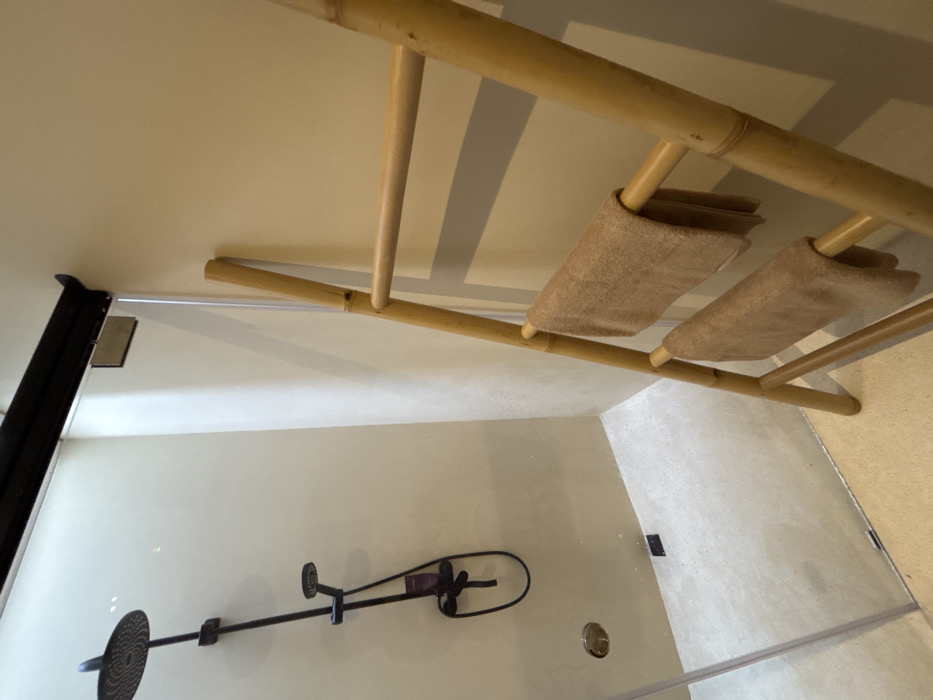 This image depicts a modern bathroom shower area within a residence in Canggu, Indonesia. The scene is observed from a slightly elevated perspective, looking down and across. The primary subject is a walk-in shower enclosed by clear glass panels with a dark brown overhead support rail. Inside the shower, a matte black shower fixture is mounted on the light-colored wall, featuring a circular rain shower head positioned above a handheld shower unit with a flexible hose. A small purple bottle is suspended from the hose of the handheld shower. The shower floor is a light, neutral-toned concrete or large format tile, with a dark rectangular drain cover positioned near the glass partition and a circular metal drain in the corner. Adjacent to the shower, outside the glass enclosure, a natural bamboo ladder-style towel rack leans against a matching light-colored wall. Two light brown, folded towels are draped over separate rungs of the bamboo rack. No individuals are present in the scene.