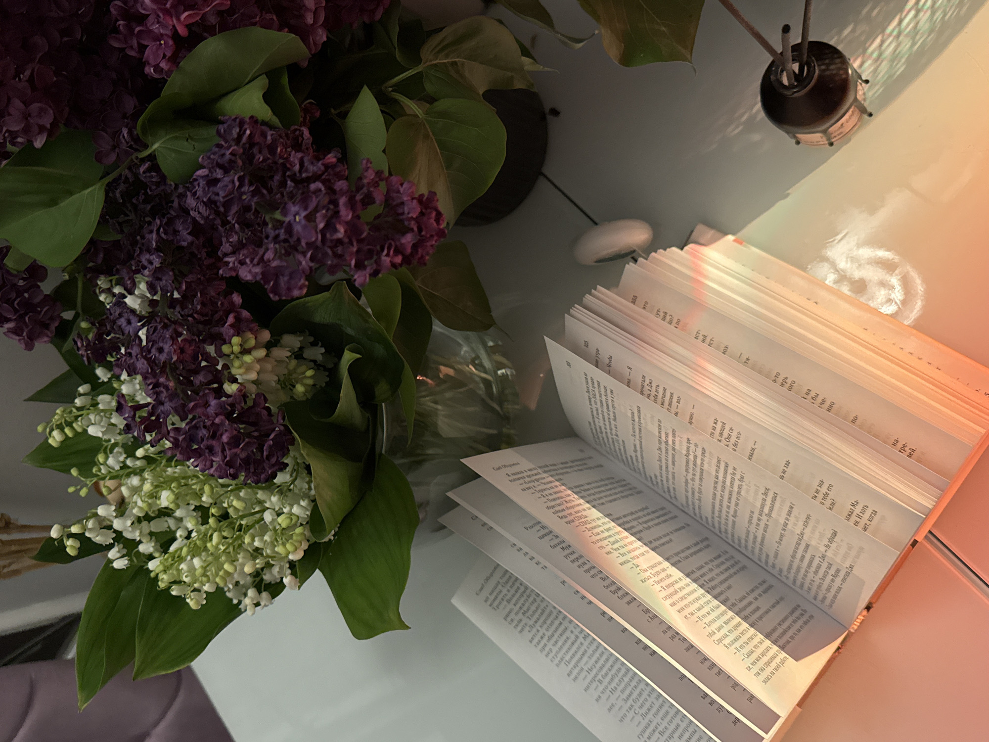 An overhead, close-up shot captures a serene still life scene on a light-colored surface, likely a table or desk. To the left, a vibrant bouquet fills a vase, featuring rich purple lilacs and delicate white lilies of the valley, with their green foliage providing a fresh contrast. In the upper right corner, a dark, small diffuser with several reeds stands.
The right side of the image is bathed in warm, orange-toned light, indicating either a sunset or sunrise, which casts diagonal patterns and subtle rainbow-like refractions onto the open pages of a book. The book, positioned towards the lower right, is open wide, revealing densely printed text in Cyrillic script, suggesting Russian language. The pages are bright white, reflecting the warm light. The overall mood is peaceful and tranquil, implying a quiet moment of reading and enjoying nature's beauty indoors.