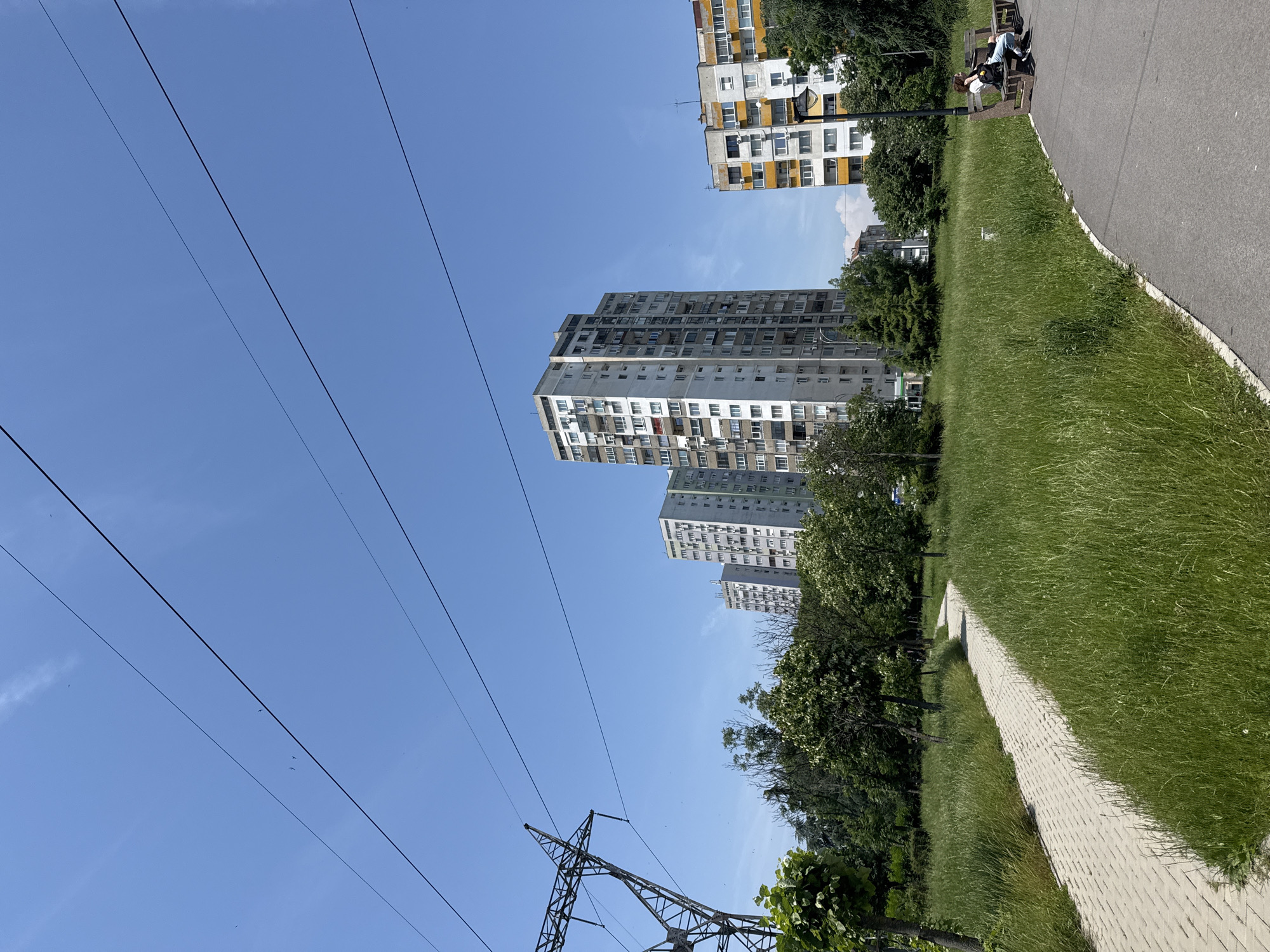 The scene depicts an urban park or green space under a clear blue sky, in the city of Unknown, Unknown. Multiple black power lines traverse the upper sky, with a large metal power transmission pylon visible on the far left. In the middle and right background, several multi-story residential apartment buildings rise above a tree line. These buildings are predominantly grey and white concrete blocks, with some featuring yellow facade accents and numerous visible external air conditioning units.
The foreground is dominated by tall, green grass, which appears somewhat untended. A winding path made of light-colored pavers snakes through the grass on the left, partially obscured by more green foliage and small trees. On the right, a dark asphalt path curves along the edge of the green space. A single individual is seated on a dark wooden bench beside the asphalt path on the far right, wearing light-colored trousers and a dark top, with a backpack resting next to them. Behind the bench, a black street lamp stands upright. The lighting suggests a bright, sunny day.