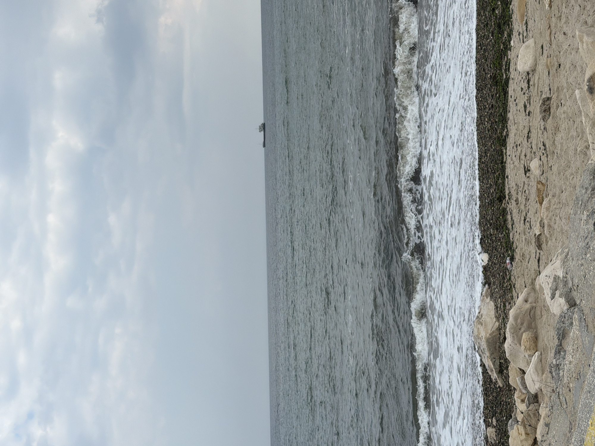 The image shows a view of the sea from the shore in Varna, Bulgaria. The sky is overcast with clouds. In the distance, a small structure, possibly an oil rig, is visible on the water. Waves are crashing on the shore, with a dark strip of seaweed marking the high tide line. The foreground shows a rocky beach, with large stones scattered across the sand and concrete.