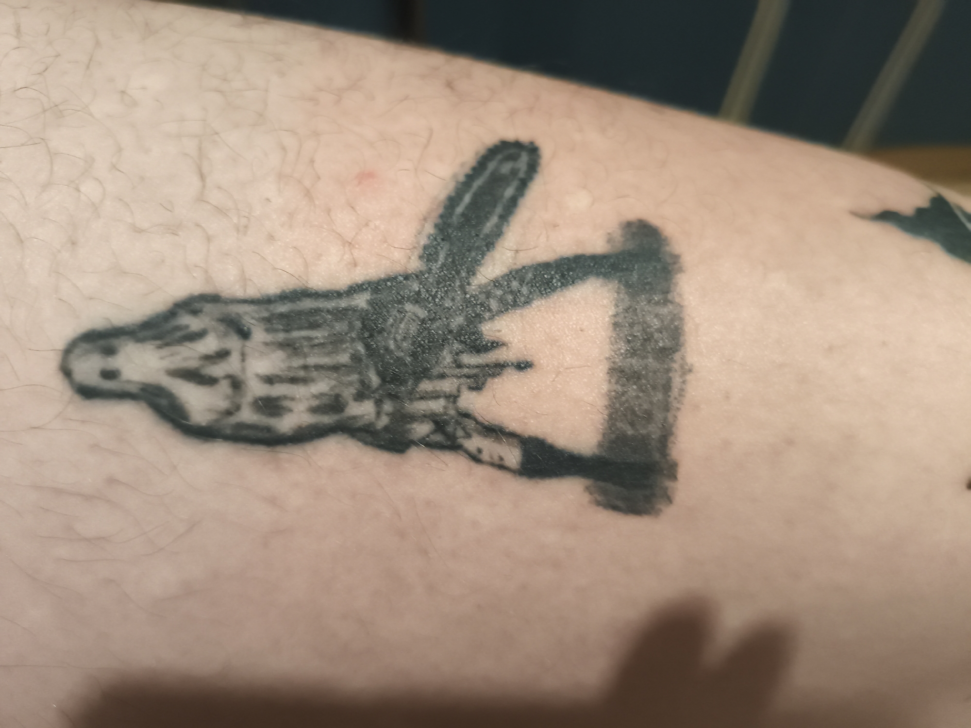 The image depicts a tattoo on a person's arm. The tattoo is of a crude, black ink design featuring what appears to be a stylized skeleton hand making a 'hang loose' or 'shaka' gesture. The tattoo is slightly blurred. The surrounding skin has some hair follicles and a small red mark. No elements from Nowy Tomyśl, Poland are present.