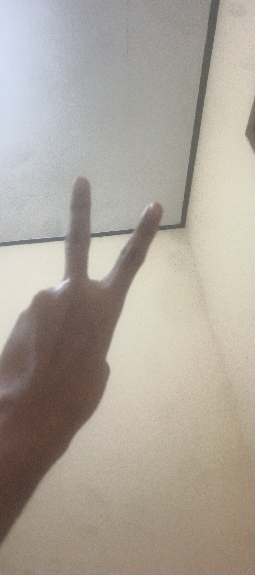A hand is shown with two fingers extended in a "peace" or "victory" sign. The hand is in the foreground and appears to be held up against a wall. The background consists of a light-colored wall and a ceiling. The lighting is dim, casting a shadow of the hand onto the wall. The image appears to be taken indoors, in a residential or office setting. There is no specific information to indicate the location within Melaya, Indonesia.