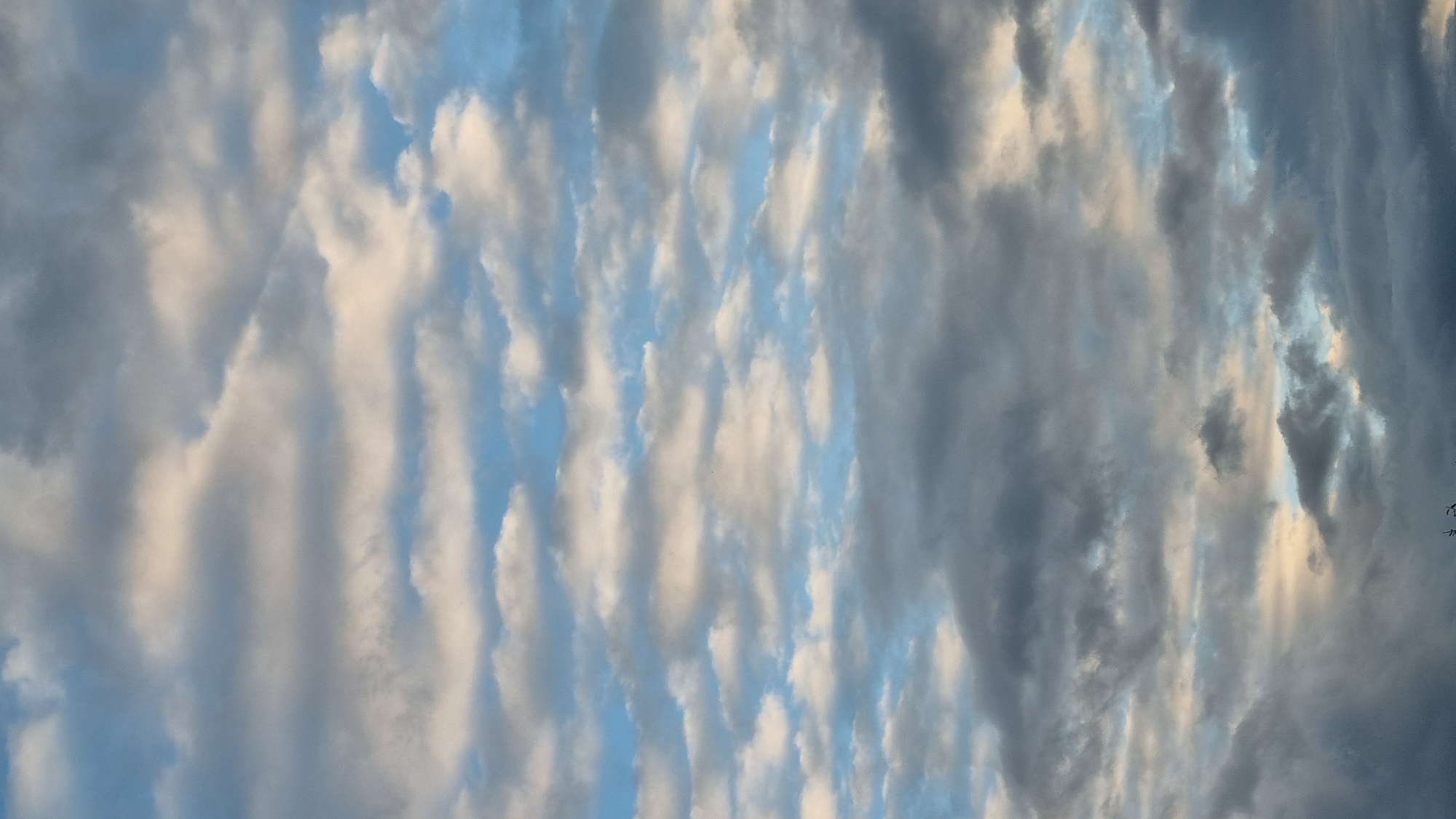 The image is a low-angle, vertical shot of a cloudy sky. The clouds are varied, with some appearing fluffy and white or light yellow, interspersed with patches of darker gray clouds. The blue sky is visible in between the cloud formations, suggesting it is daytime. The lower portion of the image shows thicker, darker clouds that are obscuring more of the sky. The scene is devoid of any discernible city elements, people, or specific geographical features that would indicate its location in Vysokoe, Russia. The overall impression is a natural sky scene.
