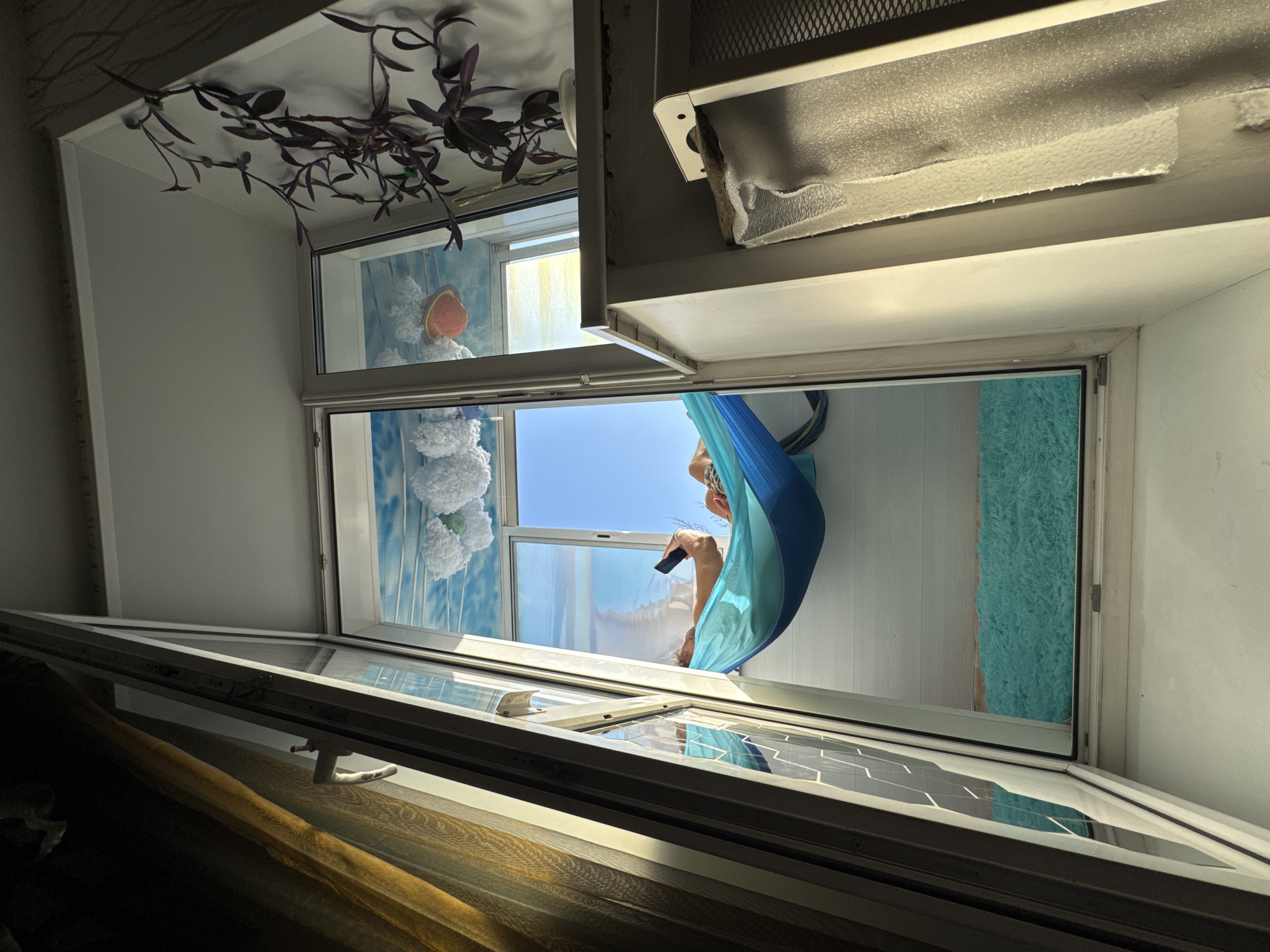 A low-angle shot depicts an open window with a view of a person lounging in a blue hammock outside. The window is partially open, revealing a partial view of the interior, including a plant on the top left and a window with decorations. The exterior view shows a sunny sky and a person using a smartphone while in the hammock. The setting is in Novo-Nikol'skoe, Russia.