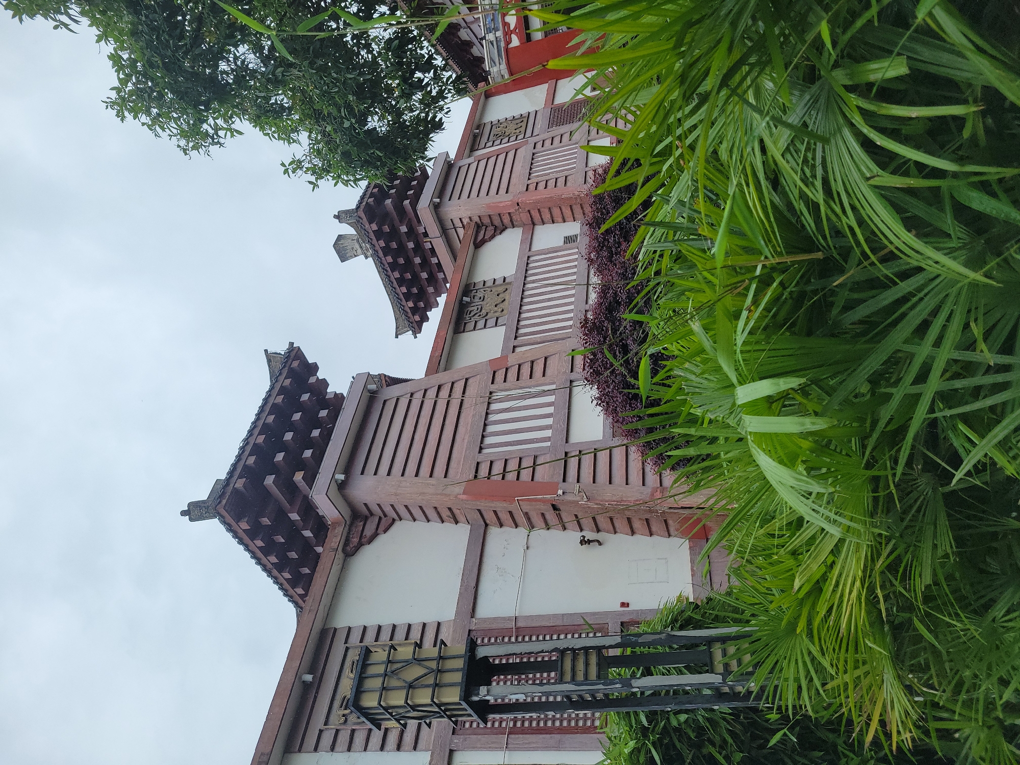The image shows a multi-story building with a traditional Chinese architectural style, featuring a tiered roof with dark brown wooden beams and white walls. The building is adorned with decorative elements, including intricate latticework and ornate roof details. Lush green foliage, possibly palm-like plants, partially obscures the right side of the building. A dark metal lamp or lantern hangs in the foreground, in front of the building. The sky is overcast and grey. The location is likely Hechuan, China.