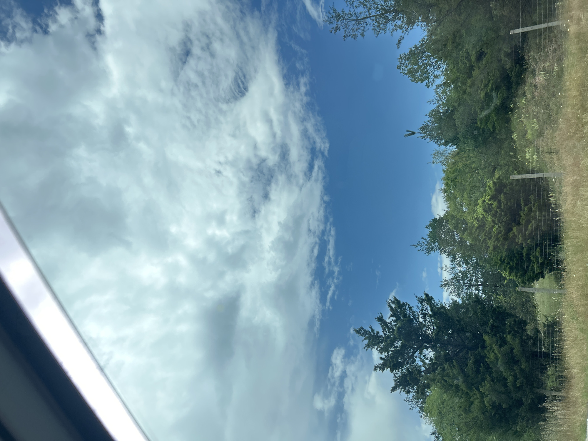 The image presents a daytime outdoor landscape observed from the interior of a vehicle in Gorno Varshilo, Bulgaria. The upper portion of the frame displays a blue sky intermittently covered by white and grey cumuliform clouds, with a dark, angled vehicle interior structure and a bright reflective window edge present in the top-left quadrant. The middle ground is dominated by a dense line of trees, primarily green coniferous and deciduous species. Two light-colored wooden fence posts supporting horizontal wires are visible in the lower middle of the tree line. The foreground consists of dry, light brown grasses and scattered green scrub vegetation. No human figures, animals, or specific actions are depicted.
