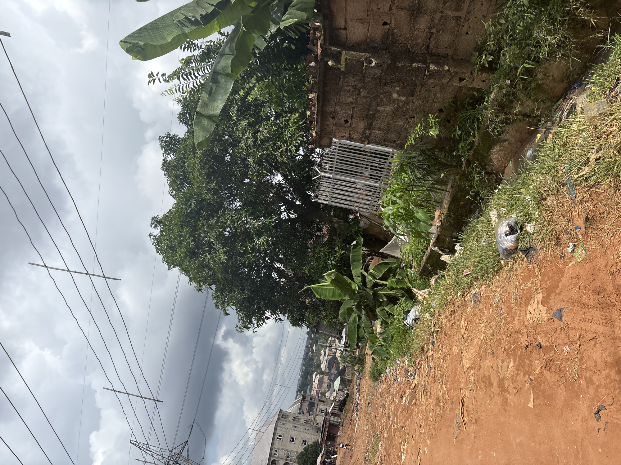 A street in Nkpor, Nigeria, is depicted, characterized by its unpaved, reddish-brown dirt surface, evident tire tracks, and scattered debris. To the right, a stone wall runs along the roadside, overgrown with grass and containing a metal gate. Beyond the wall, a large tree with dense green foliage and banana plants are visible. In the background, a multi-story building with multiple windows stands, surrounded by other smaller structures and vegetation, under a cloudy sky. The scene appears to be a residential or mixed-use area with evidence of general upkeep neglect.