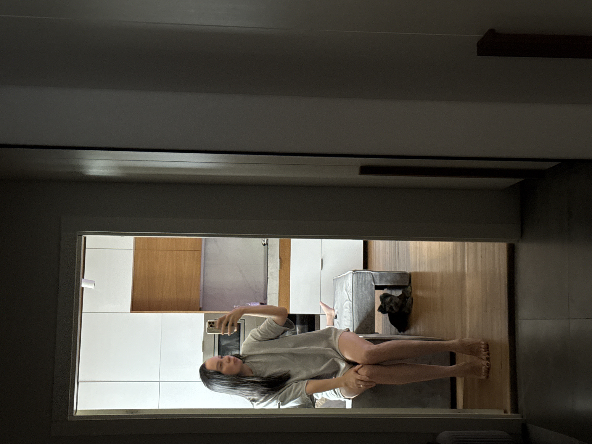 In the city of Chaikovsky, Russia, a young woman with dark hair is captured in a mirror selfie. She is seated on the edge of a padded bench, wearing an oversized gray t-shirt that extends to her mid-thigh and shorts. Her left leg is bent, with her foot resting on the floor, while her right leg is extended out, with her foot also on the floor. She holds a smartphone in her right hand, using it to take the photograph.
To the left of the woman, a small, dark-furred dog lies on the wooden floor. The background visible in the mirror reflection shows a modern kitchen with white and wooden cabinets. The overall scene appears to be an interior residential space.