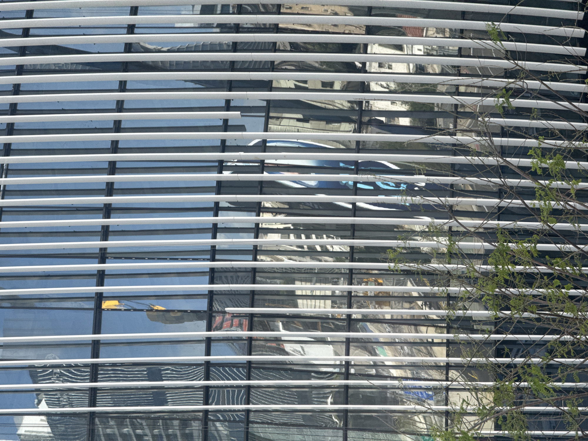 The image shows a section of a modern building facade in Tel-Aviv, Israel. The building features a grid-like exterior with horizontal white louvers over glass windows. The glass reflects the surrounding urban environment, including other buildings and sky. Part of a tree with branches and green leaves is visible on the right side of the frame, partially obscuring the building. A yellow and black object is visible in one of the reflected images in the glass panels.