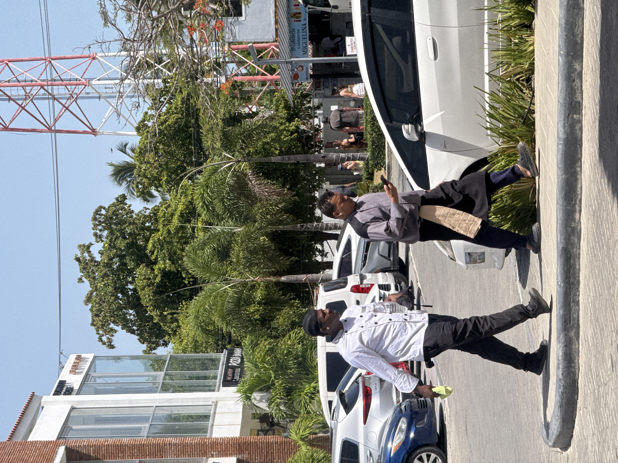 This media file shows a street scene in Higüey, Dominican Republic, likely during the daytime due to the strong sunlight and shadows. The image is oriented vertically, with the bottom of the frame appearing on the right.
The foreground features two individuals. The person closer to the camera, on the right, is wearing a white chef's jacket and black pants. They are holding a small yellow object in their right hand and appear to be walking or standing near a blue car. Further back, on the left, another person is dressed in a grey collared shirt and black pants, holding a smartphone in their left hand and a light-colored bag in their right. They are standing near a white SUV and a patch of green foliage.
In the background, there are several cars parked, including white SUVs and vans, and a blue car. Palm trees and other lush green vegetation are abundant throughout the scene, indicating a tropical climate. A large red and white telecommunications tower is visible in the upper left portion of the image, a prominent landmark. Buildings with glass windows and some signage are also present. One sign visible reads "D' cafeteria y almuerzo MIGUELINA". Another sign appears to have text in Spanish, possibly indicating "PIZZA". The overall atmosphere seems casual, with people engaged in everyday activities.