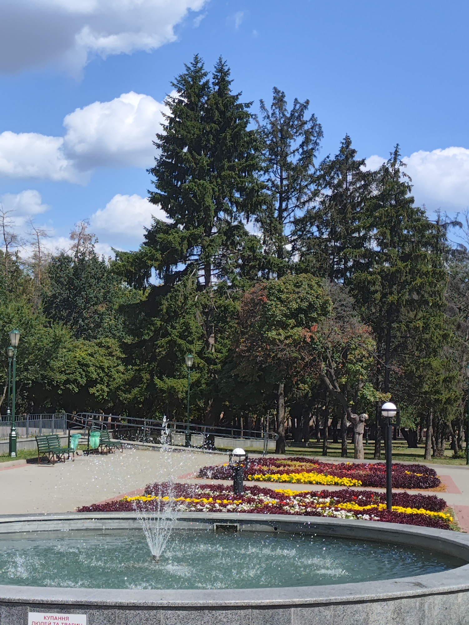 The image shows a fountain with a water spray in the foreground, set within a park. Behind the fountain, there are flowerbeds with colorful flowers in red, yellow, and white, and purple foliage. The park features several tall evergreen trees and deciduous trees. A paved pathway runs through the park, with benches and lampposts visible. In the background, there is a railing and a slope leading upwards, suggesting a park with varying levels. The sky is blue with scattered white clouds. The scene is likely taken in a public park in Kharkiv, Ukraine, given the context of the request, though no specific identifying landmarks within the image confirm this. There are no people visible in the image.