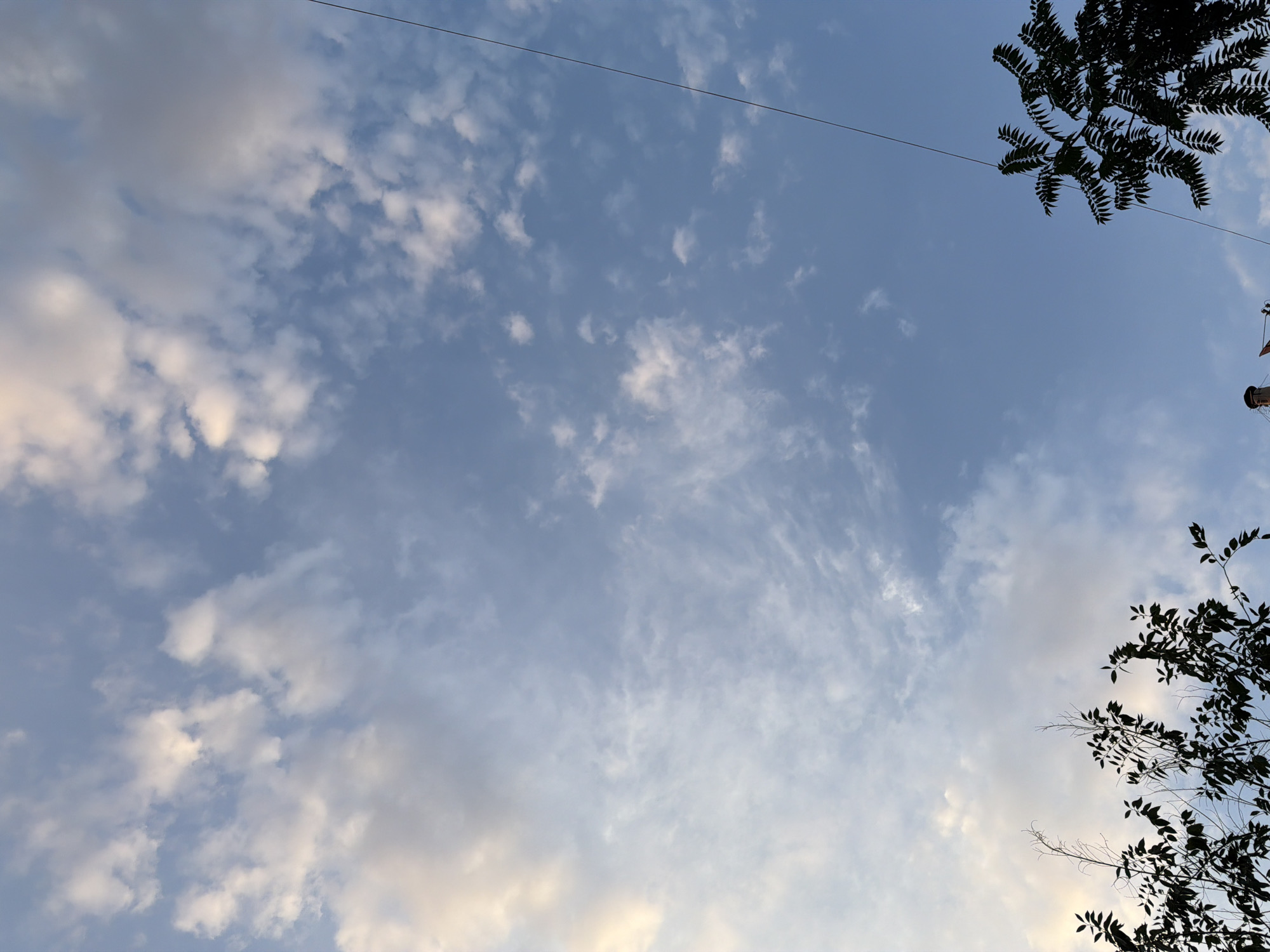 The image depicts a view of the sky with scattered clouds and silhouetted tree branches in the foreground. In the lower right corner, a dark, thin power line runs diagonally across the frame. The clouds are a mix of white and gray, with some areas illuminated by sunlight. The trees on the left and right sides of the frame are dark silhouettes against the lighter sky. There are no people or discernable actions taking place. The scene suggests an outdoor environment, possibly in a park or a residential area, with urban elements like the power line. The lighting indicates it might be late afternoon or early morning. The exact location in Shymkent, Kazakhstan, cannot be determined from the visual information alone.