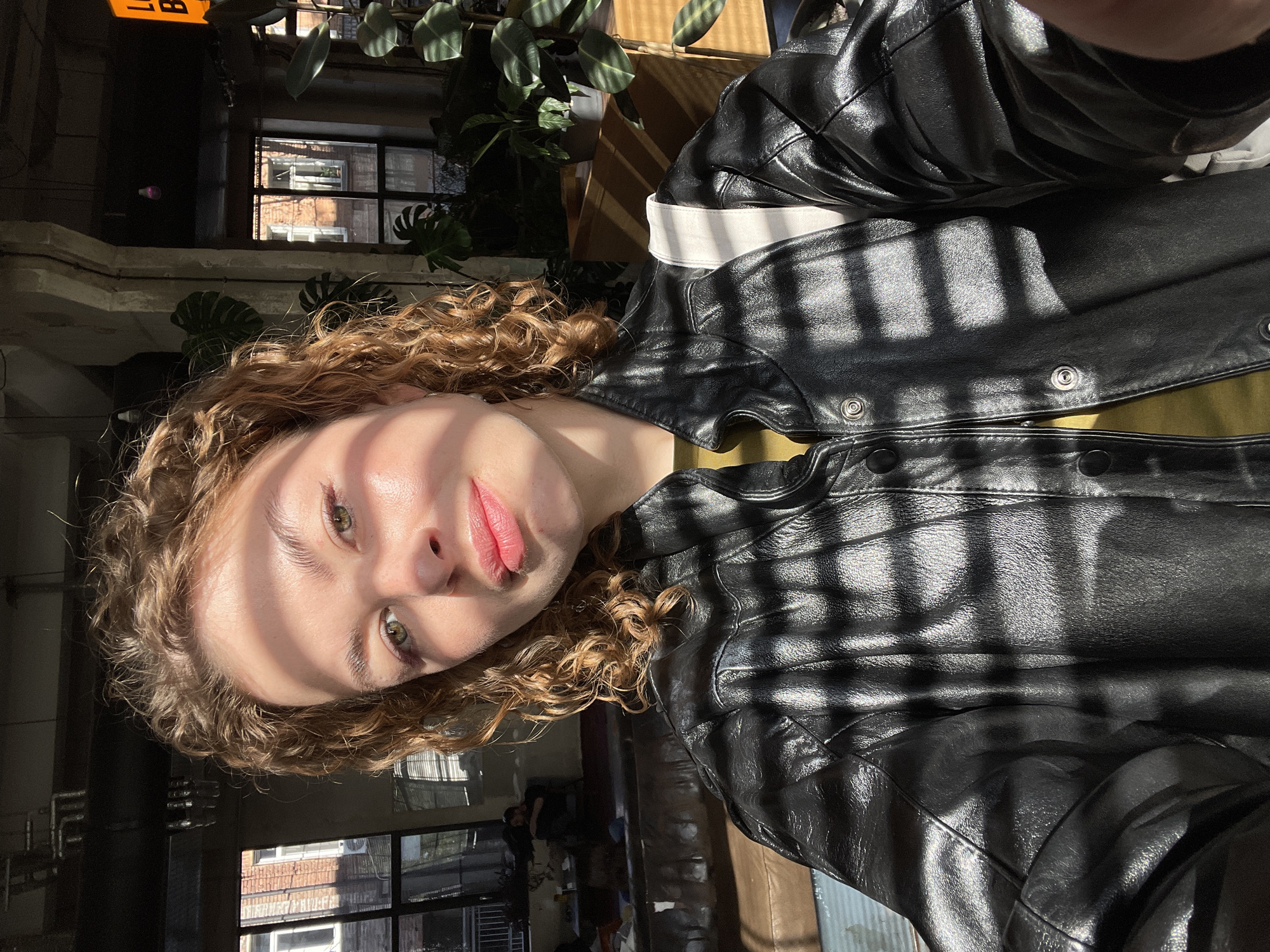 A medium shot selfie depicts a person with curly, reddish-brown hair and light-colored eyes, seen from a slightly angled perspective. The person's head is tilted, and they are looking directly at the camera with a neutral expression. They are wearing a black leather jacket over what appears to be a green or olive-colored top. Strong sunlight streams into the indoor space, casting distinct striped shadows across the person's face and jacket, creating a high-contrast visual effect.
The background suggests an indoor setting, possibly a cafe or a well-lit architectural space. Lush green plants, including a visible Monstera leaf, are placed around the area. Large windows in the background reveal an urban environment with brick buildings and other architectural structures outside, indicating a city location. The sunlight suggests it is daytime.
In the upper left corner, a partial yellow sign with dark lettering is visible, showing the text "11 B". The shiny texture of the leather jacket is prominent, with the sun highlighting its surface and the shadow patterns. The overall impression is a stylish, candid shot within a sun-drenched interior. The location context provided is Tbilisi, Georgia.