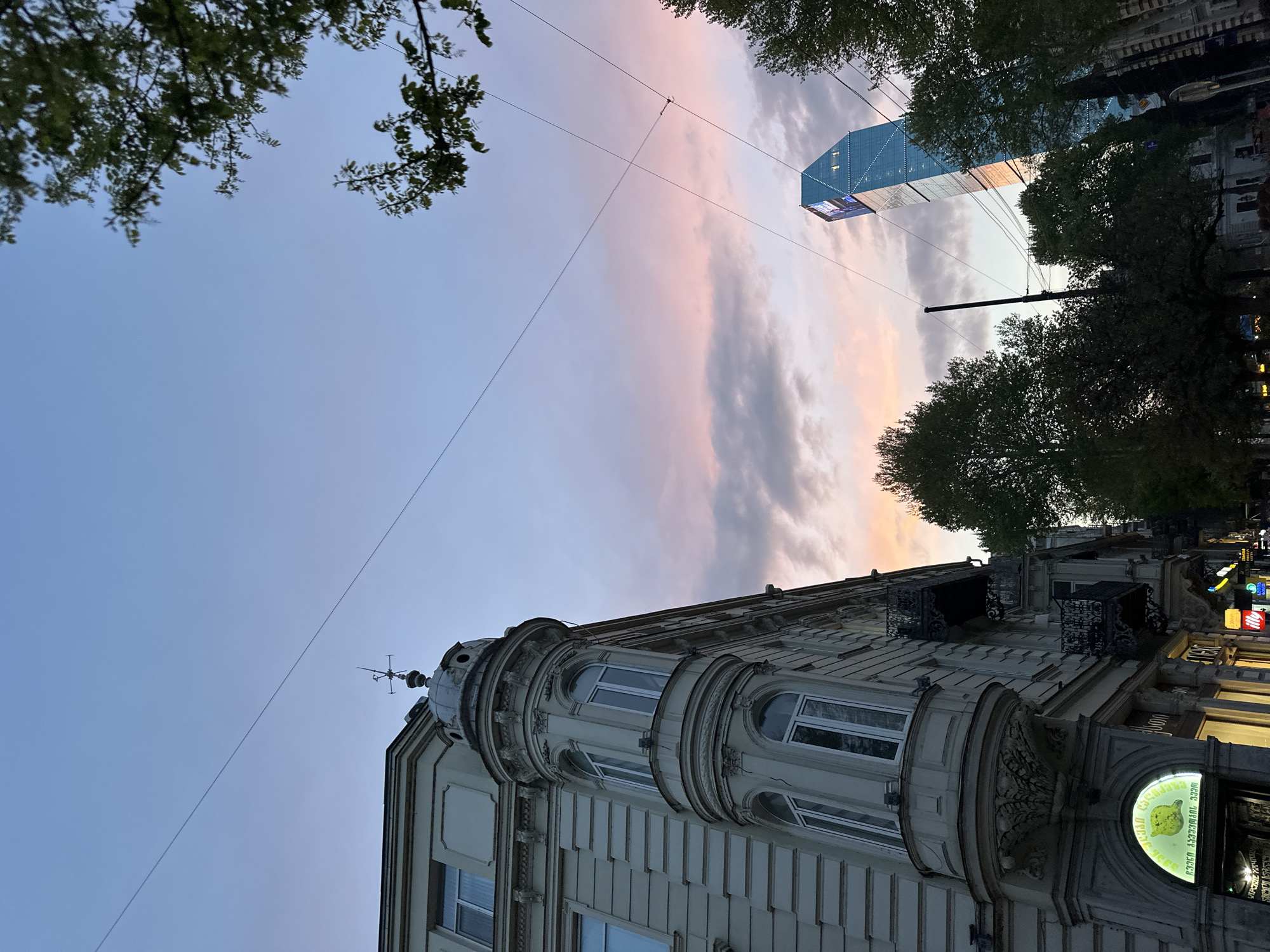 Captured from a low angle in Tbilisi, Georgia, the image features a mix of old and modern architecture beneath a twilight sky. The foreground is dominated by the ornate facade of a historic building with arched windows and decorative balconies, while the background showcases a modern glass tower. Power lines crisscross the sky, bisecting the pastel-colored clouds. Trees frame the edges of the scene, adding a touch of nature to the urban landscape. The image appears to be taken at dusk, with street lights beginning to illuminate storefronts in the background.