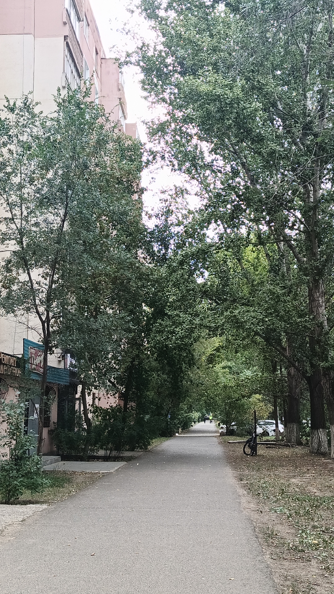 The image shows a paved pathway bordered by trees on both sides, leading into the distance. On the left, a multi-story building with a light-colored facade and visible windows is partially obscured by lush green trees. A small storefront with a turquoise awning and some signage is also visible at the base of the building. On the right, a row of mature trees with dense foliage creates a shaded canopy over the pathway. Further down the path, a bicycle is parked on the right side, and a few cars are visible in the background. The sky is overcast, with bright patches of light filtering through the leaves. This scene appears to be a public walkway within a residential area in Aksay, Kazakhstan, likely a common urban environment with green spaces integrated into the cityscape.