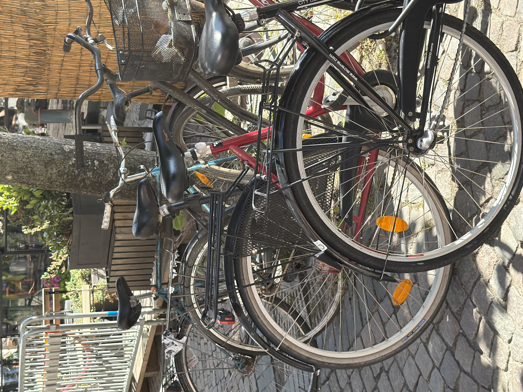 The image depicts a row of parked bicycles on a cobblestone street in Lund, Sweden, likely in the vicinity of a cafe or shop, given the presence of outdoor seating in the background. The bicycles are of various colors, including blue, red, and black, and most are equipped with baskets and fenders. The foreground is dominated by the rear wheels and frames of several bicycles, with visible details such as spokes, tires, chains, and reflectors. A portion of a metal barrier and a tree trunk are also visible in the scene. The lighting suggests it is daytime, with shadows cast on the cobblestones by the bicycles and surrounding objects.