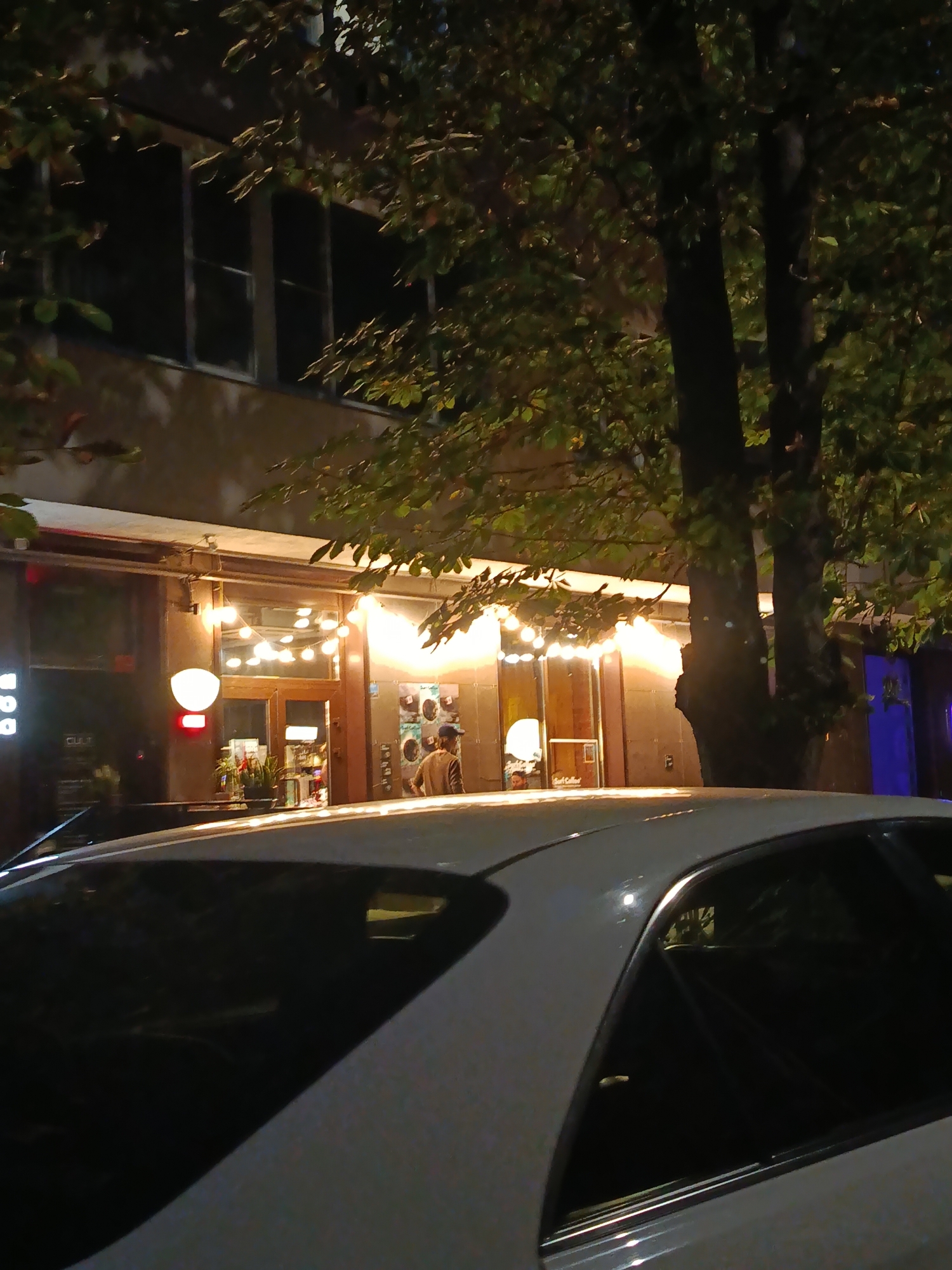 The image shows a street scene at night in front of a building with a row of lights strung across the facade. A white car is parked in the foreground, partially obscuring the view of the building. The building appears to be a commercial establishment, possibly a restaurant or bar, with large windows and a main entrance. One person, wearing a cap and a light-colored jacket, is visible standing near the entrance. The street is lined with trees, whose leaves hang over the building and the car. The overall lighting suggests artificial illumination from the building and streetlights, creating a somewhat moody atmosphere. The location is identified as Saratov, Russia.