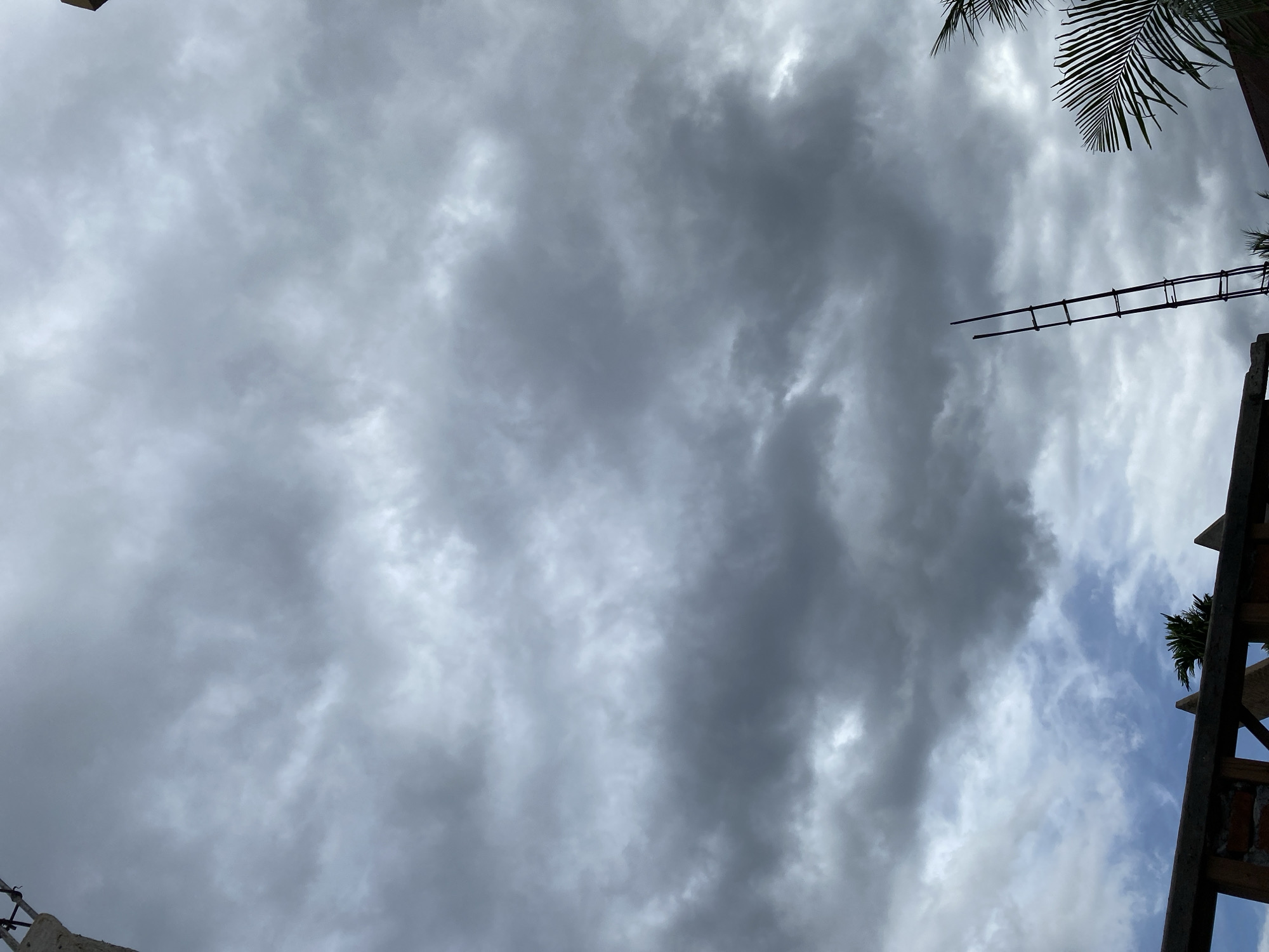 An outdoor, low-angle shot captures a dramatic, cloudy sky filled with dark, gray clouds. A tall, dark ladder, likely made of rebar, stands vertically in the mid-right of the frame, silhouetted against the sky. In the foreground, the tops of structures are visible, including what appears to be unfinished brickwork on the left, a wooden beam, and palm fronds on the right. The overall impression is one of an impending storm or overcast weather.