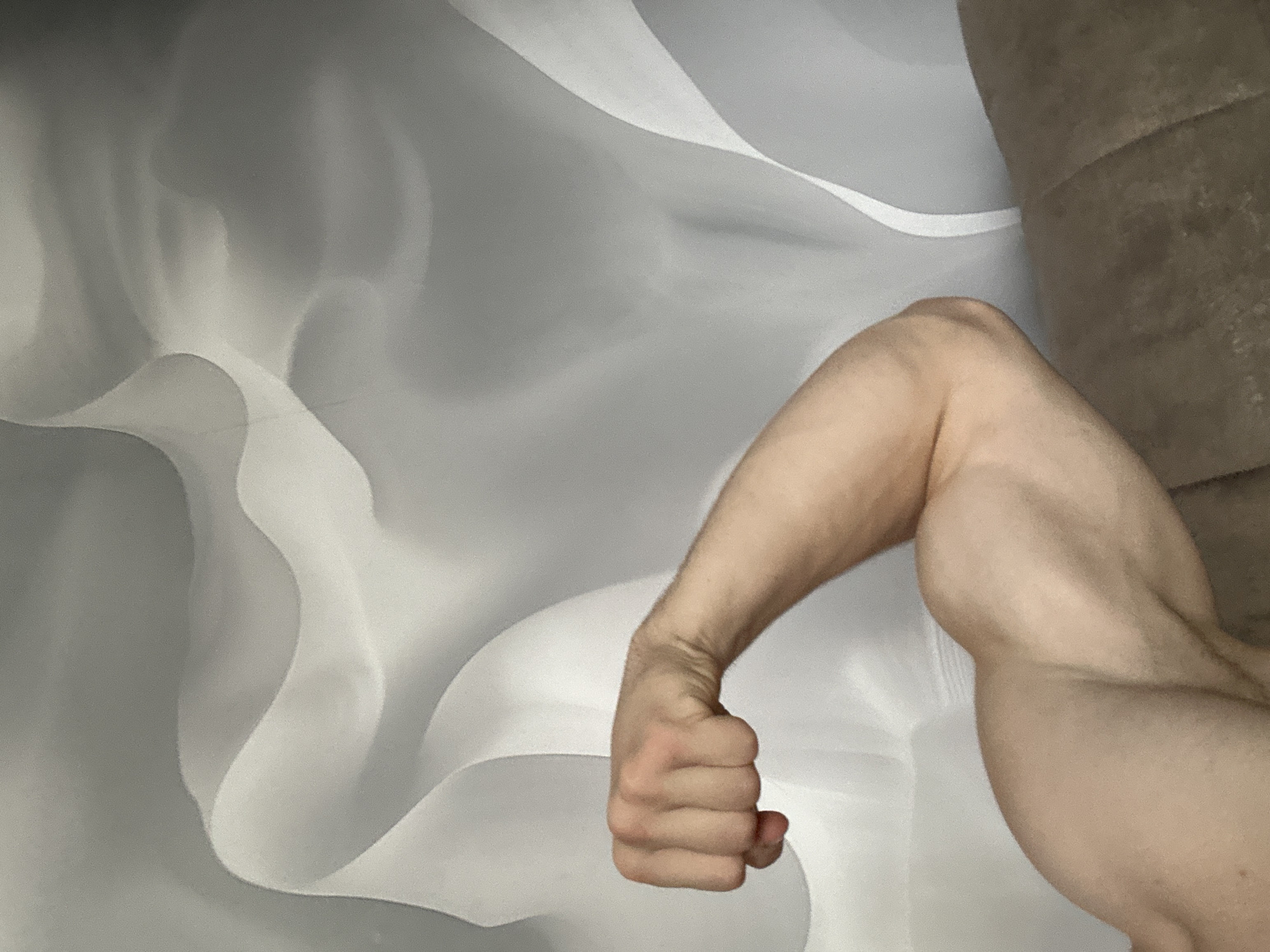 The image shows a close-up of a person's flexed bicep and forearm. The skin is a light tone, with visible muscle definition. The background consists of a soft, draped fabric with a grey and white pattern, creating a wavy, abstract design. The lower portion of the image shows a textured brown surface, possibly a piece of furniture. There is no indication of the city of Birobidzhan, Russia, or any urban environment in the image.