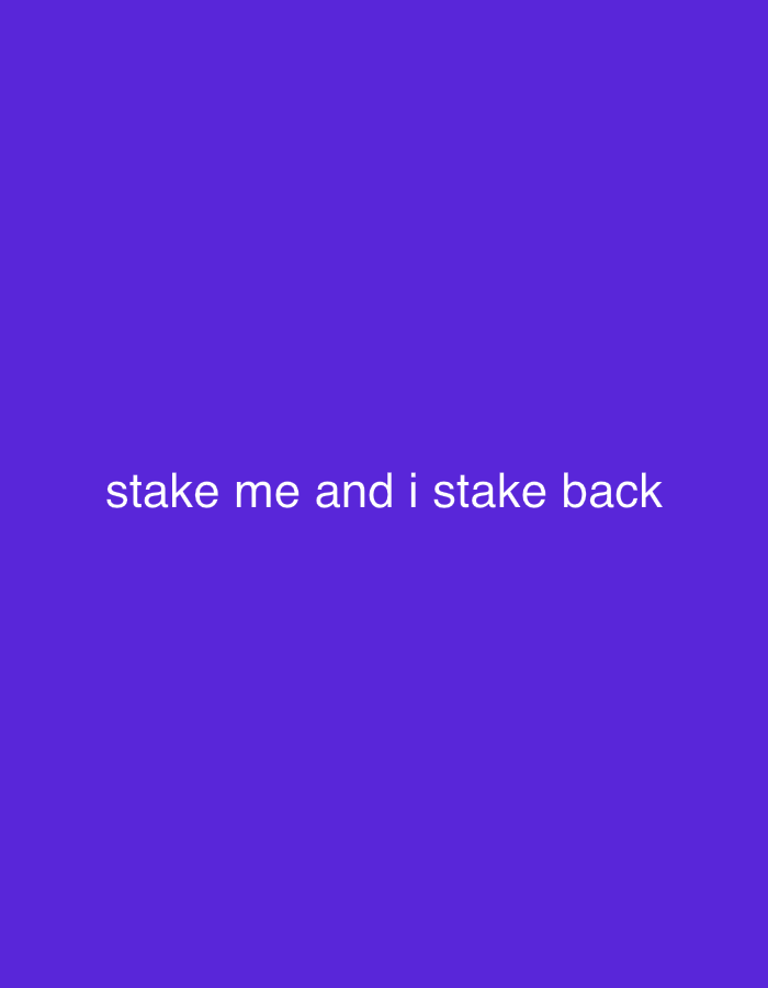 A plain purple background has white text that reads "stake me and i stake back" in the center. No location in Shumen, Bulgaria is visible.