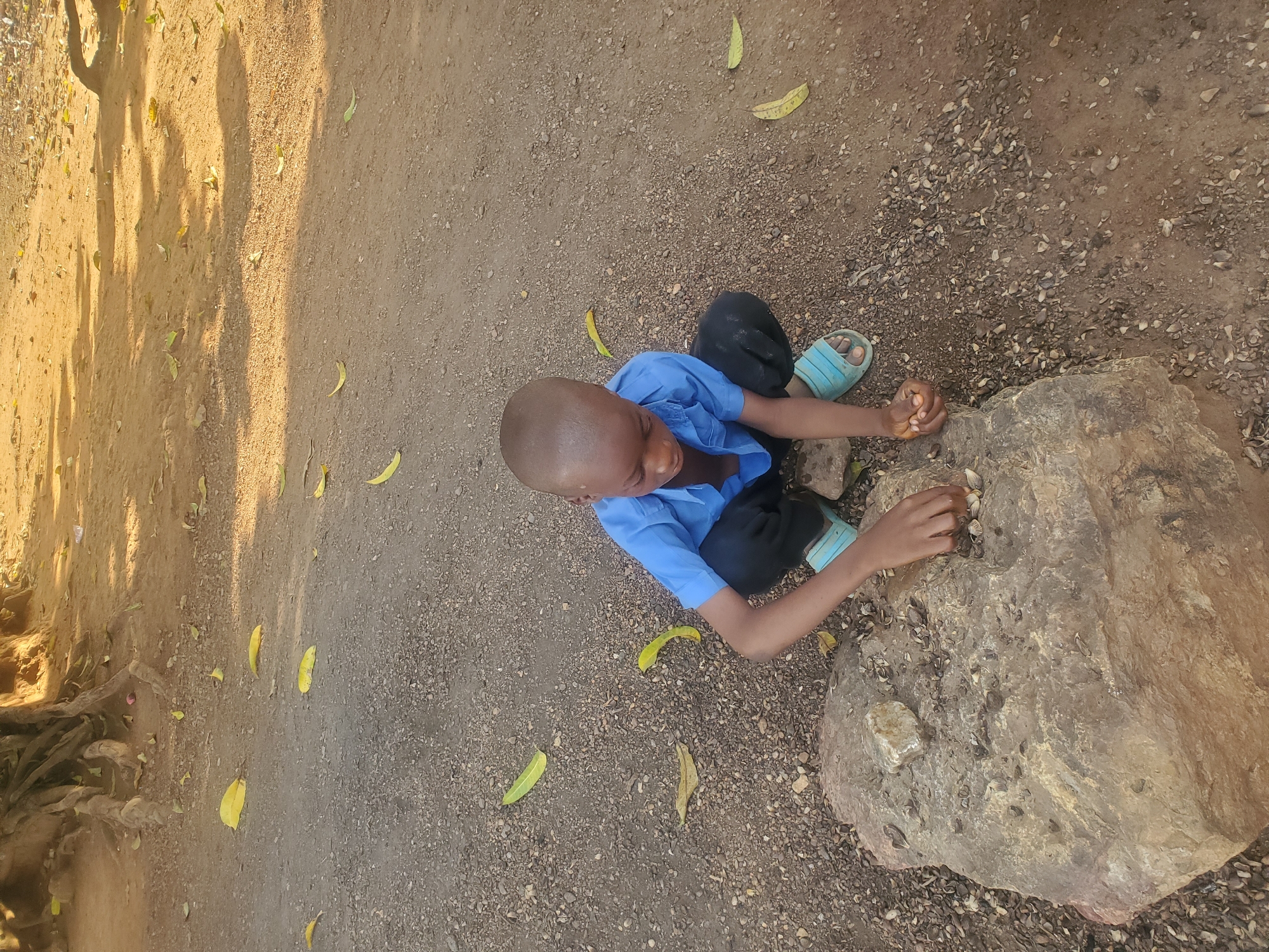 A child in Akwanga, Nigeria, wearing a light blue shirt, is kneeling on the ground beside a large rock. The ground is dirt and gravel, with scattered leaves. The child is wearing blue sandals and appears to be examining or interacting with the rock.