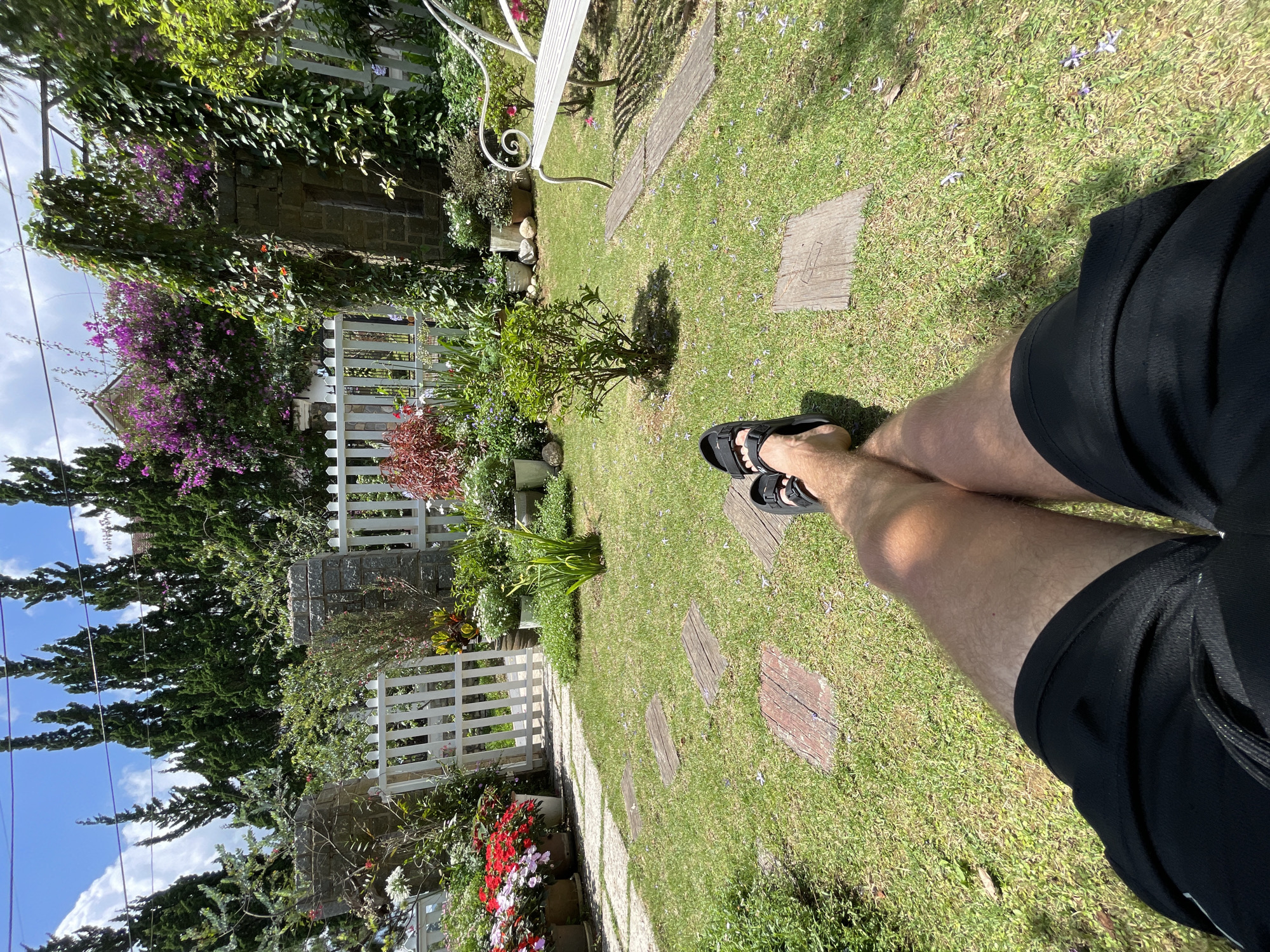The image shows a first-person view of a person sitting in a garden in Lâm Viên, Đà Lạt, Vietnam. The person is wearing black shorts and black sandals. The garden features a green lawn with scattered purple flowers and wooden stepping stones. A white wrought-iron bench is visible in the background. The garden also includes a white picket fence, various plants, flowers, and trees. The sky is visible in the background and is partially cloudy.