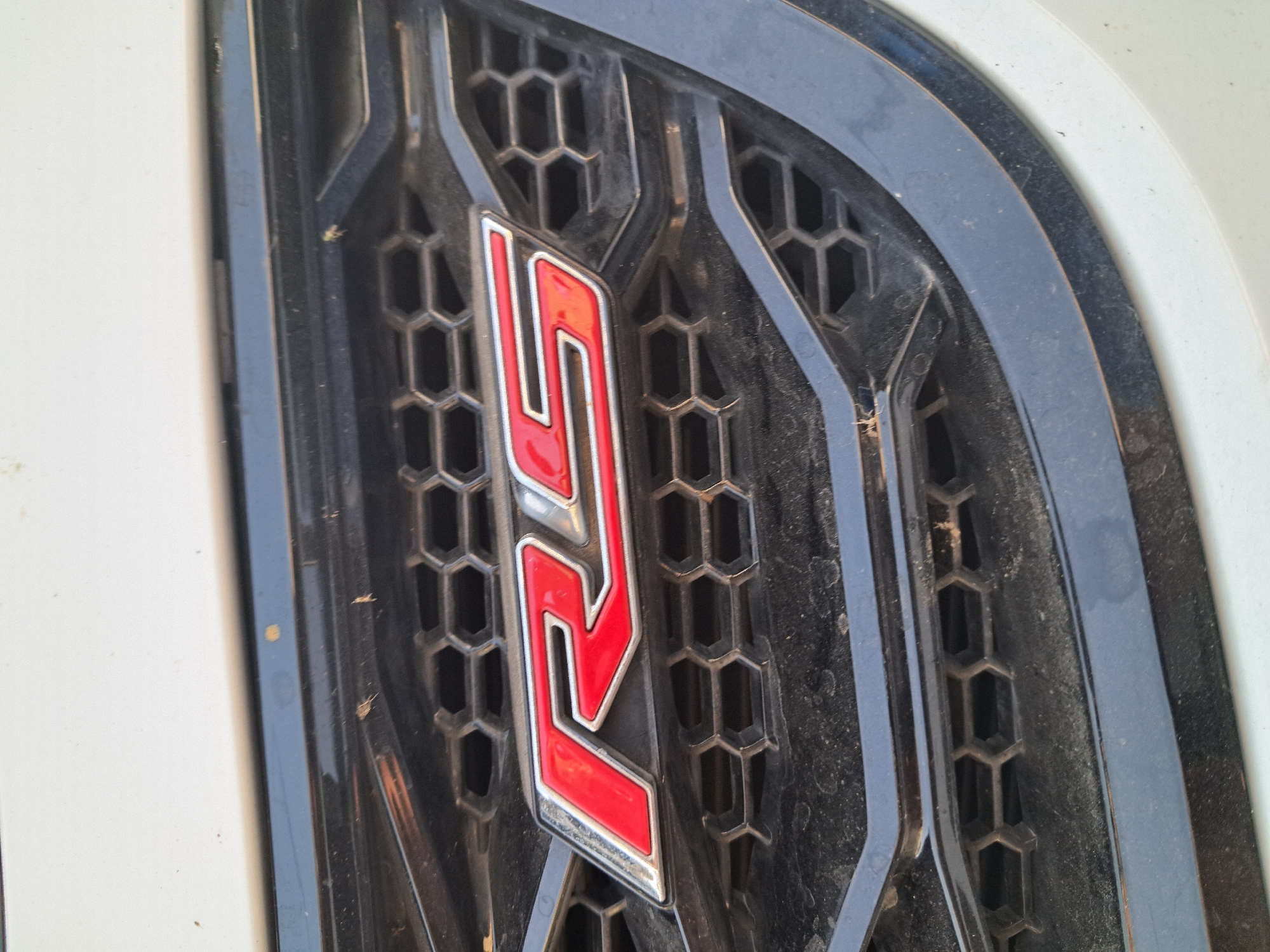 The image shows a close-up of the "RS" emblem on the front grille of a car. The emblem is red with a silver outline and is set against a black, hexagonal patterned grille. The car appears to be white. The grille is dusty, suggesting it is outdoors. The location of Bagish, Uzbekistan is not visible in the image and cannot be inferred.