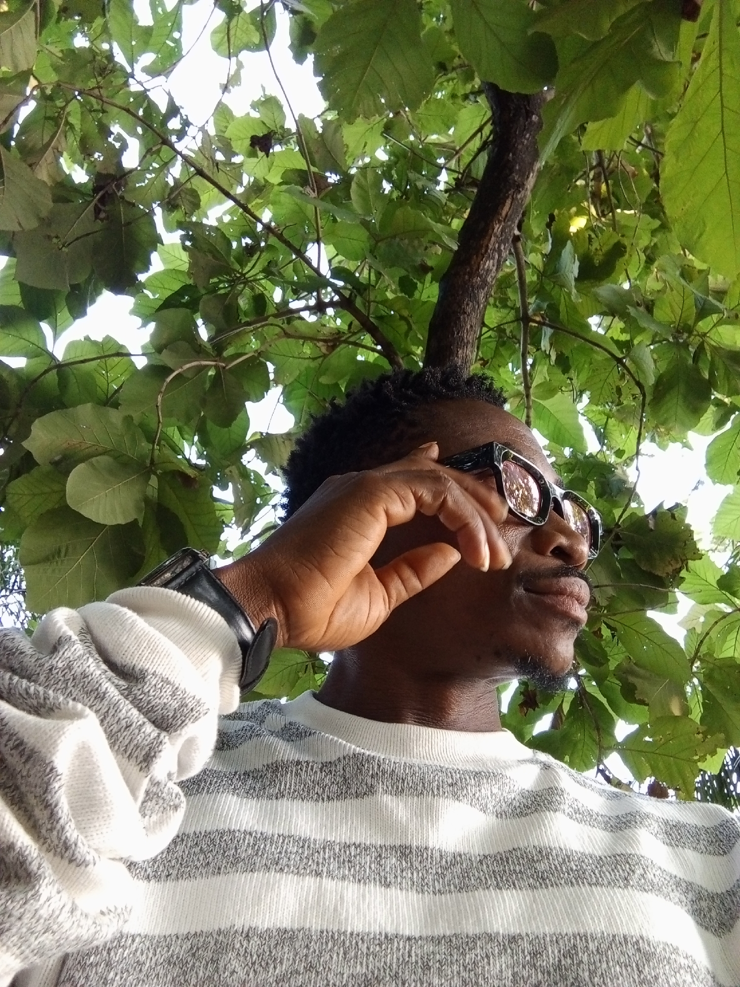 A low-angle, medium shot captures a Black man from the chest up, positioned outdoors beneath lush green foliage. He is facing right, looking upwards and to the right, with his right hand raised to adjust his black-rimmed sunglasses, which have reflective lenses. He wears a striped sweater with alternating thick bands of white and gray. A black watch with a thick band is visible on his left wrist. The background is dominated by large, green leaves and branches of a tree, with bright sky visible through the gaps. The image was taken in Adankolo, Nigeria.