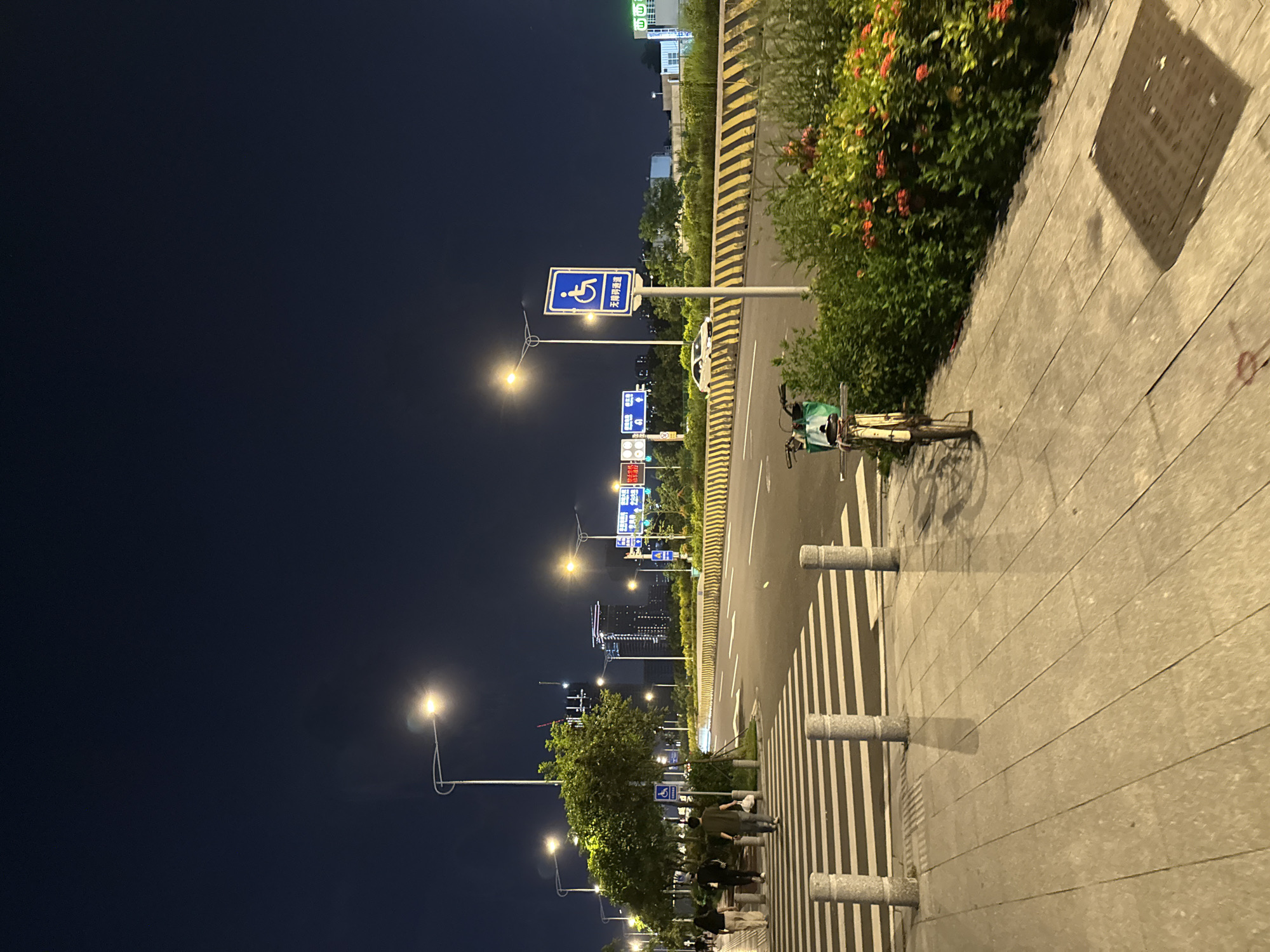 This image depicts a nighttime scene along a city street in Haizhu District, China. The perspective is from a sidewalk looking towards a road and a strip of greenery. Several streetlights illuminate the area, casting long shadows on the pavement.
On the sidewalk, three people are walking, two of them in the foreground and one further back, all appearing casually dressed. A bicycle is parked near the edge of the sidewalk, with a green bag on its handlebars. The sidewalk itself is paved with large, light-colored rectangular tiles.
Adjacent to the sidewalk is a road with at least two lanes of traffic, separated by white lines. There are several signs visible along the road. One prominent blue sign features a white international symbol of access (wheelchair symbol) and Chinese characters. Other smaller blue and white signs are also present.
A divider separates the road from a strip of lush green plants and flowering bushes with red blossoms. Behind the greenery, a black and yellow striped barrier runs along the side of the road. In the background, city buildings are visible, some of which are illuminated. The sky is dark, indicating it is nighttime. The weather appears clear. The overall mood is calm and urban. Visible text includes Chinese characters on the signs.
