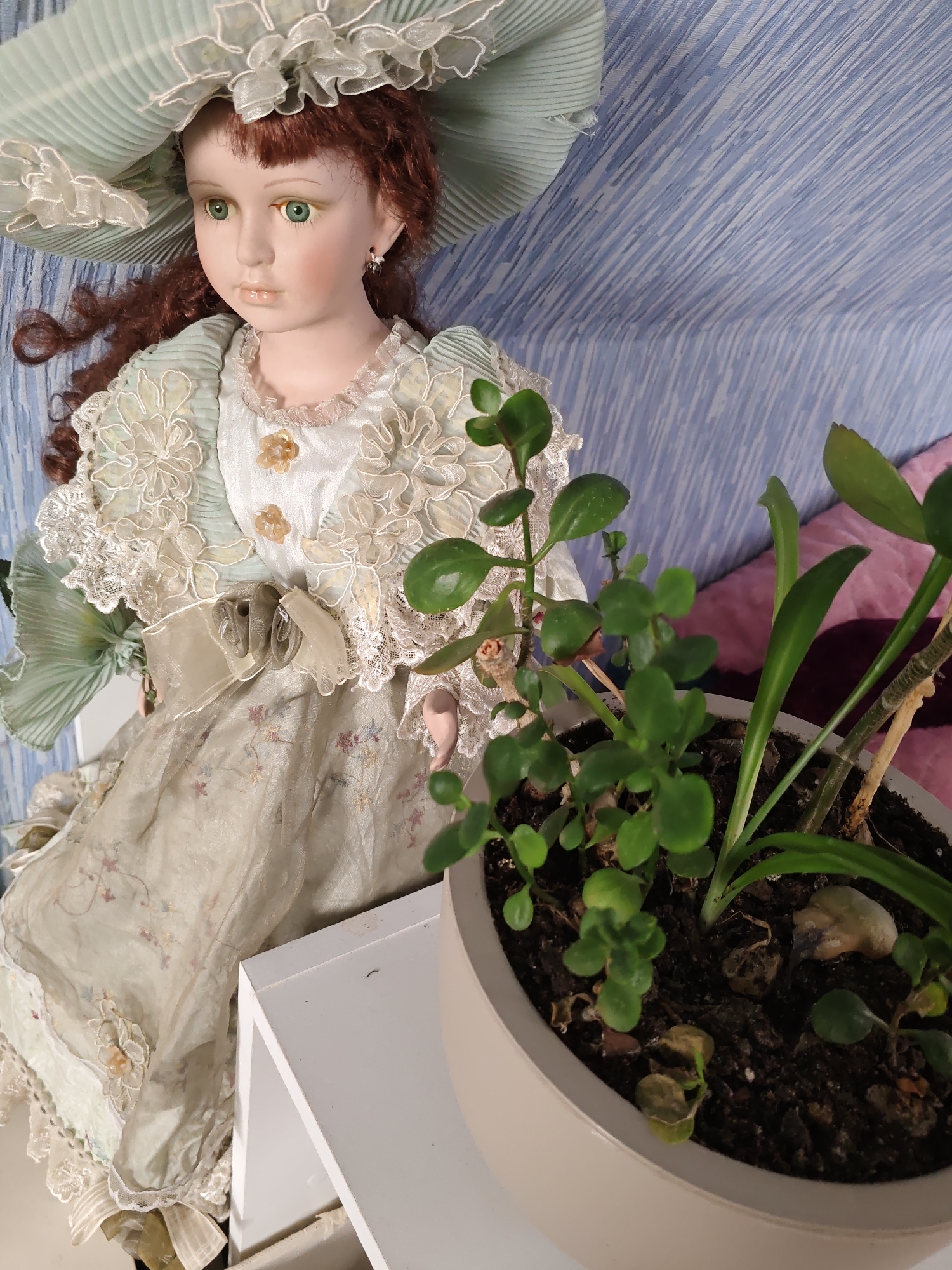A porcelain doll with auburn hair and green eyes, wearing a ruffled mint green hat and a detailed floral dress, sits next to a potted plant. The background features a blue, textured wall. The doll is seated on a white shelf, and the plant is in a light-colored pot, partially obscuring the doll's lower body. The image captures a still, domestic scene. This image was taken in Rostov-on-Don, Russia.
