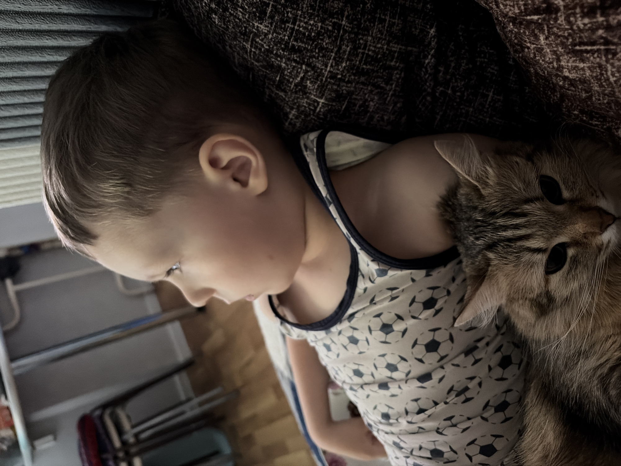 A young child wearing a white tank top with soccer ball patterns is lying on a brown sofa next to a fluffy brown tabby cat. The child is facing left with their head turned downwards. The cat is close to the child, its head and part of its body touching the child's chest. The scene is indoors. Background elements include a ladder and what appears to be a closet or shelving unit. The location is Chaikovsky, Russia.