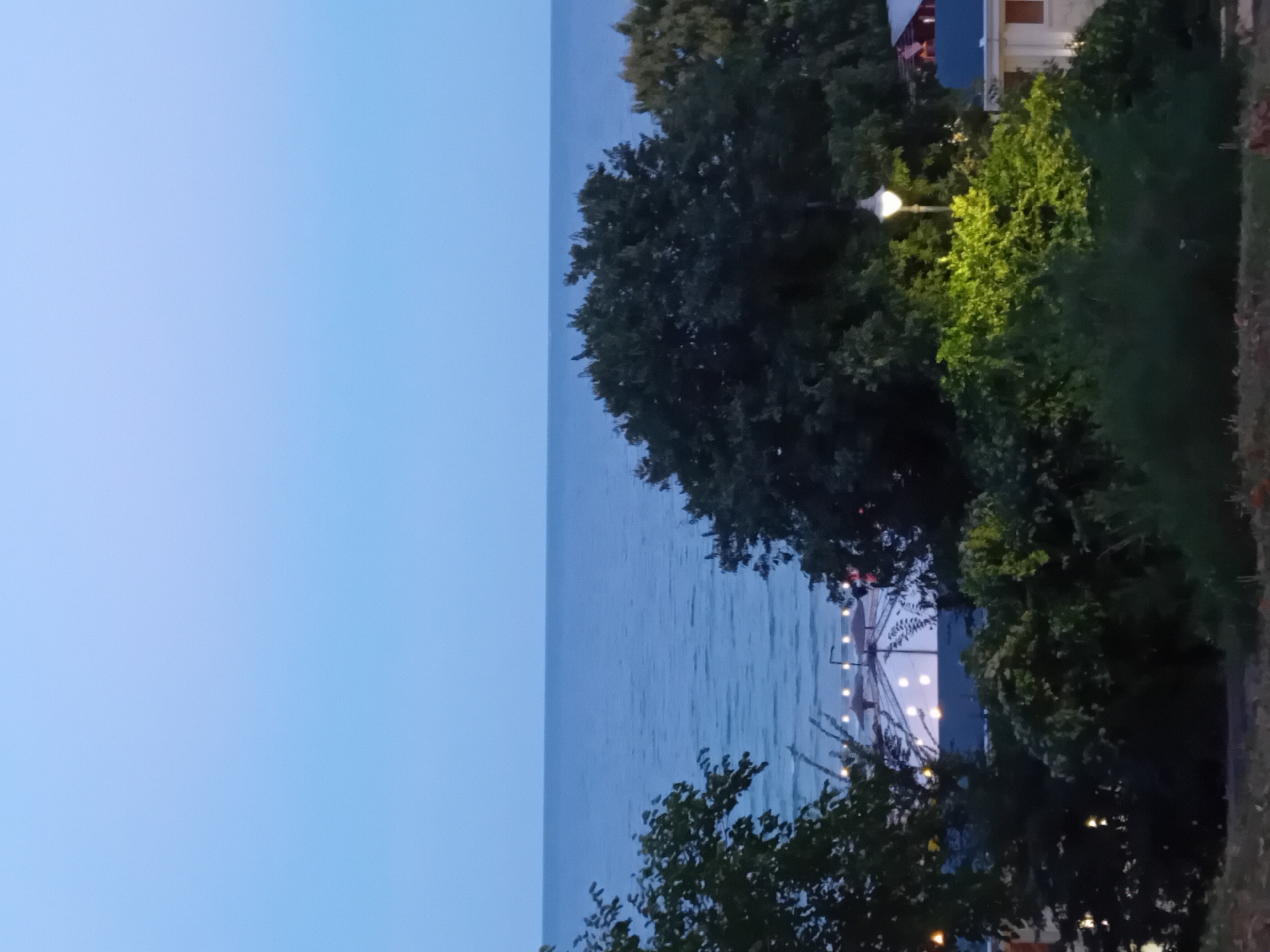 This is a vertical, slightly blurry photograph taken outdoors, likely in the evening, given the low light and illuminated elements. The scene is divided into two distinct halves. The left side is dominated by a vast expanse of calm, pale blue water, likely a sea or large lake, meeting a pale blue, clear sky at a distant horizon. The water reflects the twilight sky, creating a serene and expansive atmosphere.
The right side of the image features a lush green landscape, composed of various trees and shrubs. In the background, a building with white walls and red-tiled roofing is visible. The building appears to have at least one window. A lamppost with a white, dome-shaped lamp is also present, casting a warm yellow glow on the surrounding foliage, indicating it is lit. Several strings of small, warm-toned lights are strung between structures, suggesting a festive or recreational area. The overall impression is that of a park or garden area adjacent to the water.
The orientation of the image is not standard, as the horizon is vertical. The lighting suggests it is either dusk or dawn. The presence of the building and the decorative lights implies this is a developed area, possibly a waterfront promenade or a resort in Varna, Bulgaria. No people are clearly discernible in the image. The overall mood is peaceful and tranquil, with a touch of evening charm from the artificial lights. There is no visible text.