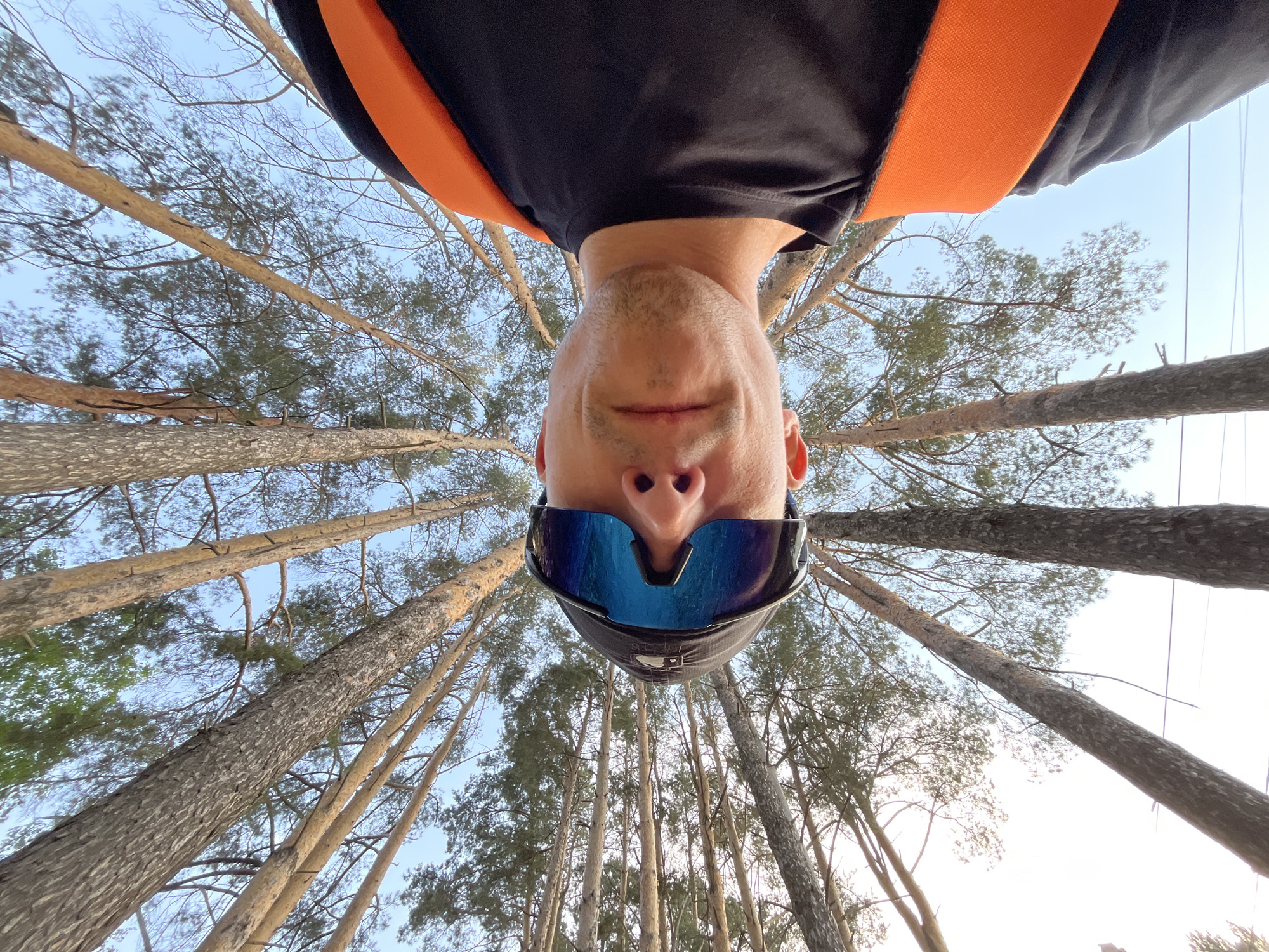 A low-angle, upside-down perspective captures a person wearing dark clothing with orange straps and mirrored sunglasses, against a backdrop of tall, slender trees. The trees appear to be in a forest, with their trunks converging upwards towards the sky, creating a sense of height and enclosure. The sky is visible through the branches and is a pale blue. The person's face is the focal point, directly in the center of the frame, with the trees radiating outwards. Based on geolocation data, this photo was taken near Chaikovsky, Russia.