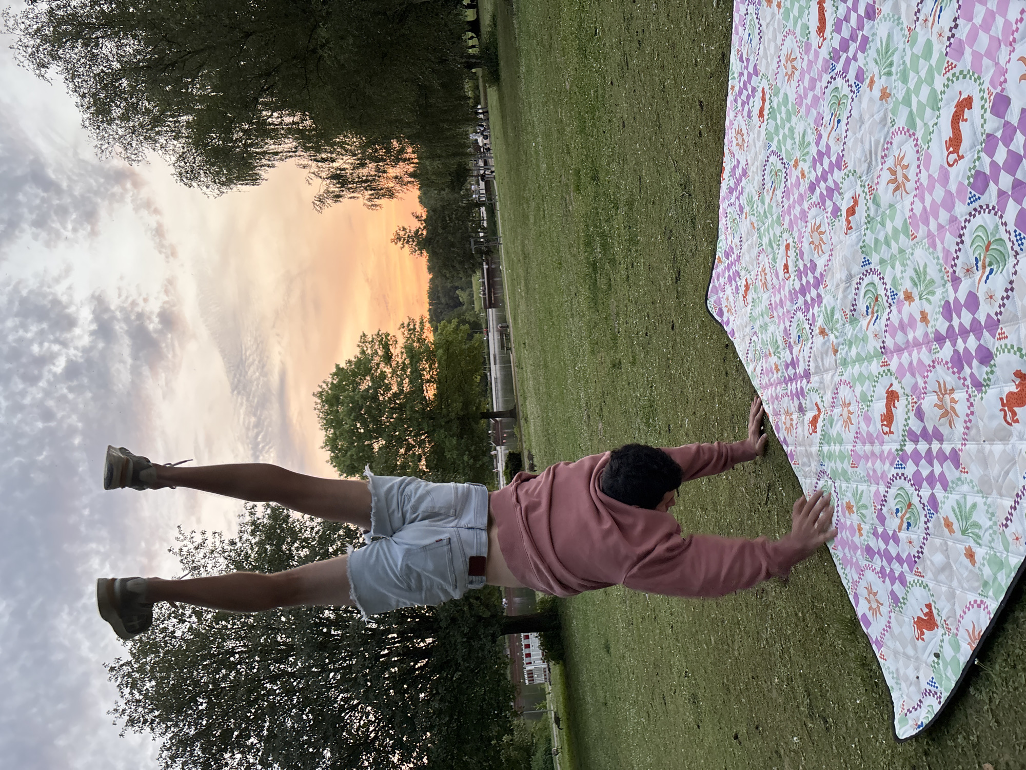 A person is performing a handstand on a quilt placed on a grassy field. The person is wearing a pink hoodie and light-colored shorts and brown shoes. The quilt has a white background with a diamond pattern in shades of purple and green, interspersed with images of orange animals, plants and suns. The sky is visible in the background, showing a sunset with orange and pink hues. Trees are visible along the horizon and in the foreground. The location appears to be a park, possibly in Bochum, Germany.