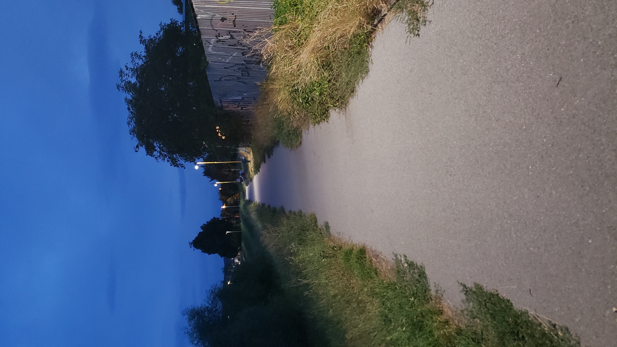 The image depicts a paved pathway in an urban park or recreational area, likely at dusk. The pathway is lit by streetlights, with a few figures visible in the distance. To the right of the path is a corrugated metal fence with graffiti. The surrounding vegetation consists of grass and trees, some of which are silhouetted against the twilight sky. The sky is a deep blue with some clouds. The scene suggests a quiet evening in a public space. Based on the context provided for Prešov, Slovakia, this could be a pathway along the Sekčov river or within one of the city's parks.