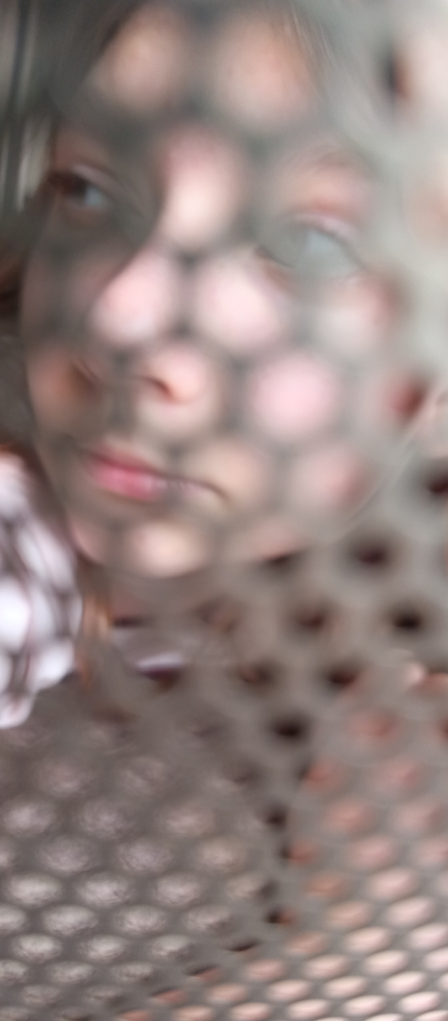 The image presents a close-up view of a human face, likely a child or young person, partially obscured by a prominent honeycomb-patterned mesh or grid in the foreground. The face is largely out of focus, creating a soft, blurred effect, while elements of the grid appear slightly sharper.
The subject's eyes, nose, and mouth are visible through the hexagonal openings of the mesh. The left eye, particularly, is discernible, appearing to look slightly towards the left. The mouth is slightly downturned at the corners, giving the impression of a neutral, contemplative, or possibly a subtly melancholic expression. Light skin tones are visible through the gaps in the grid, and hints of light-colored hair frame the face.
The grid itself appears metallic or made of a similar material, with its repeating hexagonal pattern dominating the foreground. No specific activity is evident beyond the person being observed through this barrier. The background behind the face is extremely blurred, offering no discernible details about the setting or time of day. There are no visible objects other than the face and the grid, and no text is present in the image. The overall impression is one of partial concealment or looking through a structured barrier.